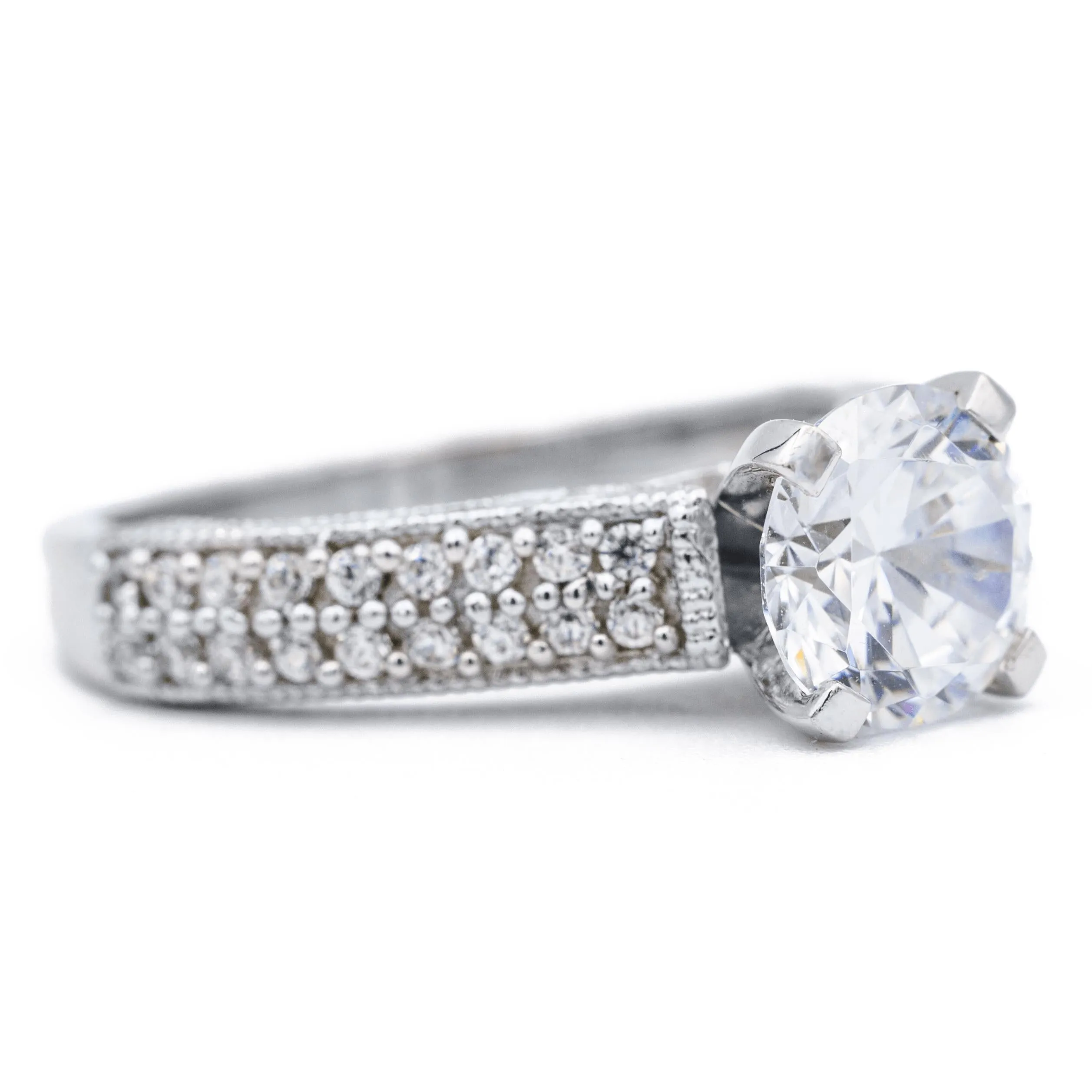 8mm Round Center 14K White Gold 4 Prong Pave Sides Ring