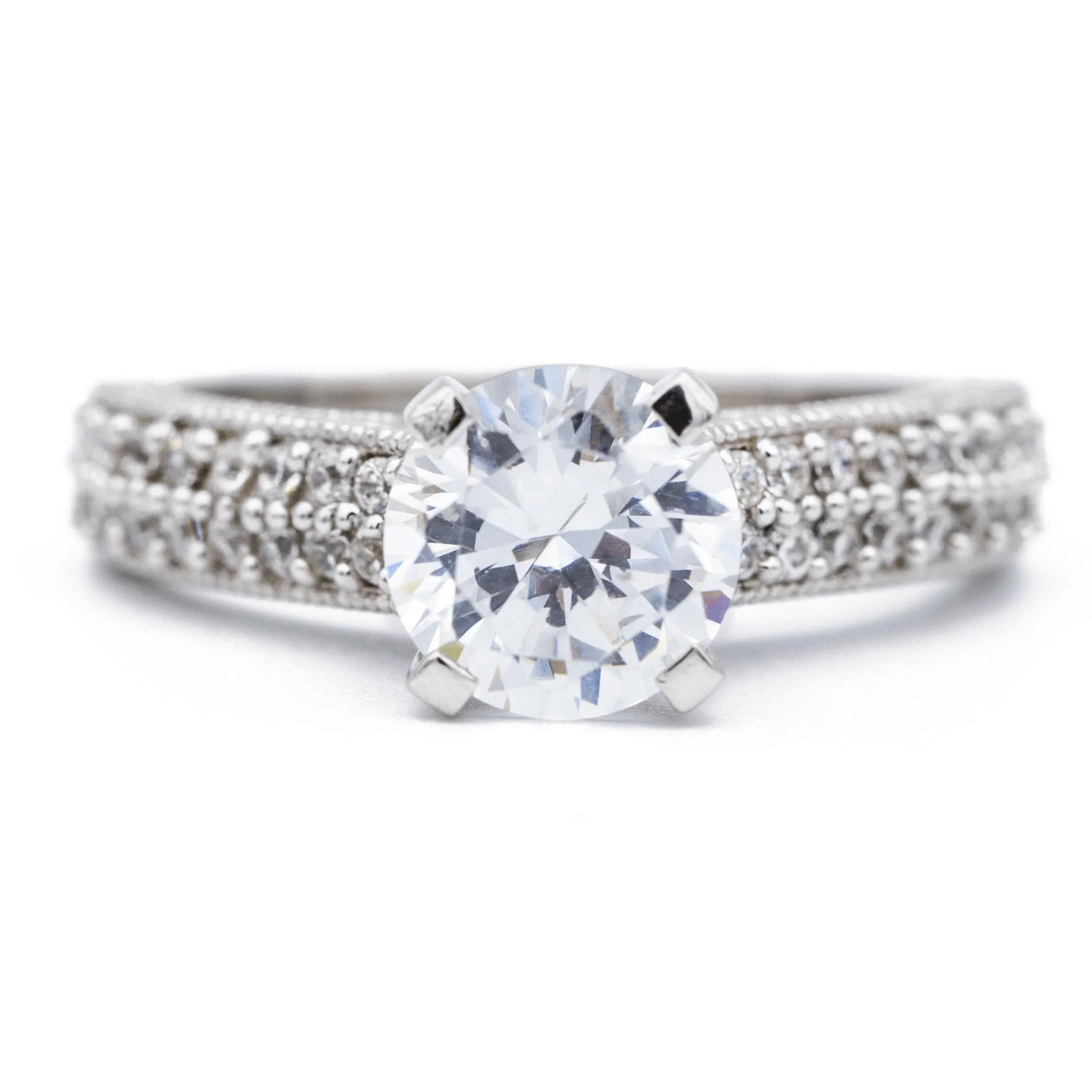 8mm Round Center 14K White Gold 4 Prong Pave Sides Ring