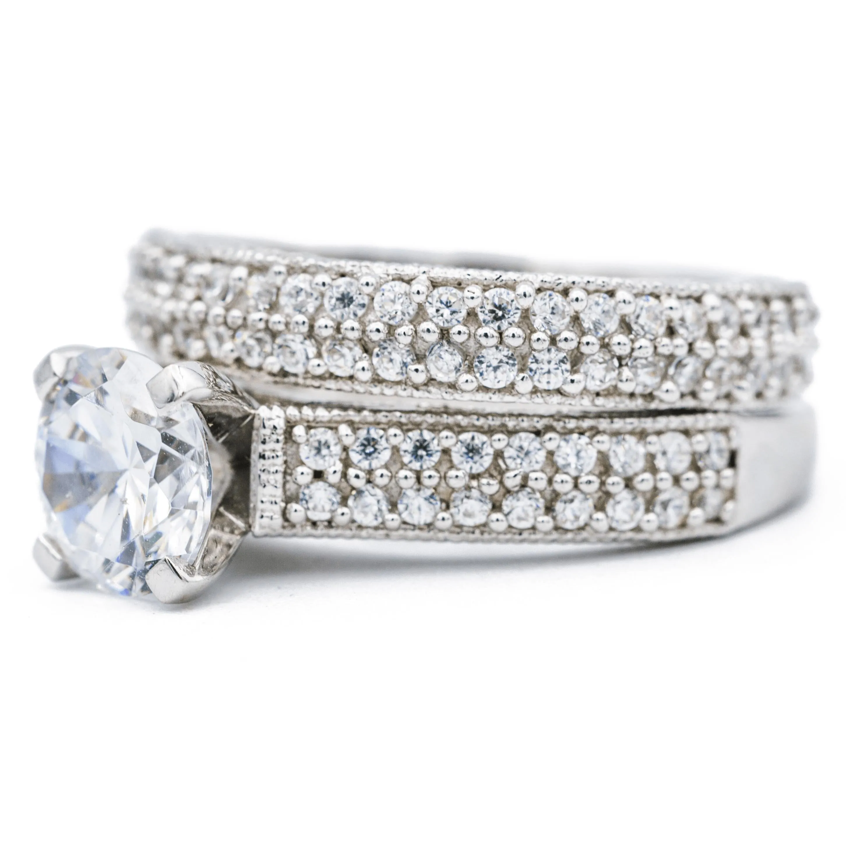 8mm Round Center 14K White Gold 4 Prong Pave Sides Ring