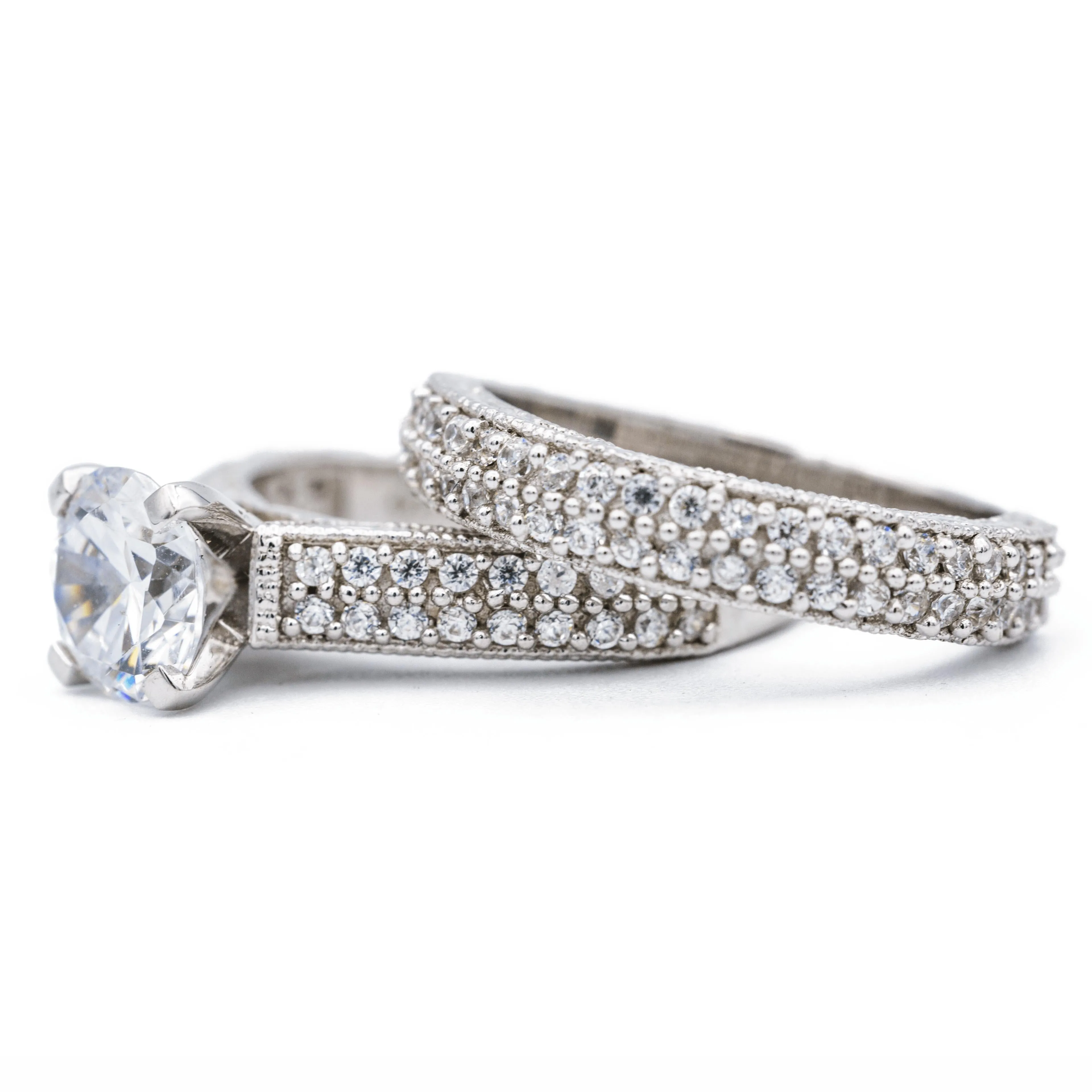 8mm Round Center 14K White Gold 4 Prong Pave Sides Ring
