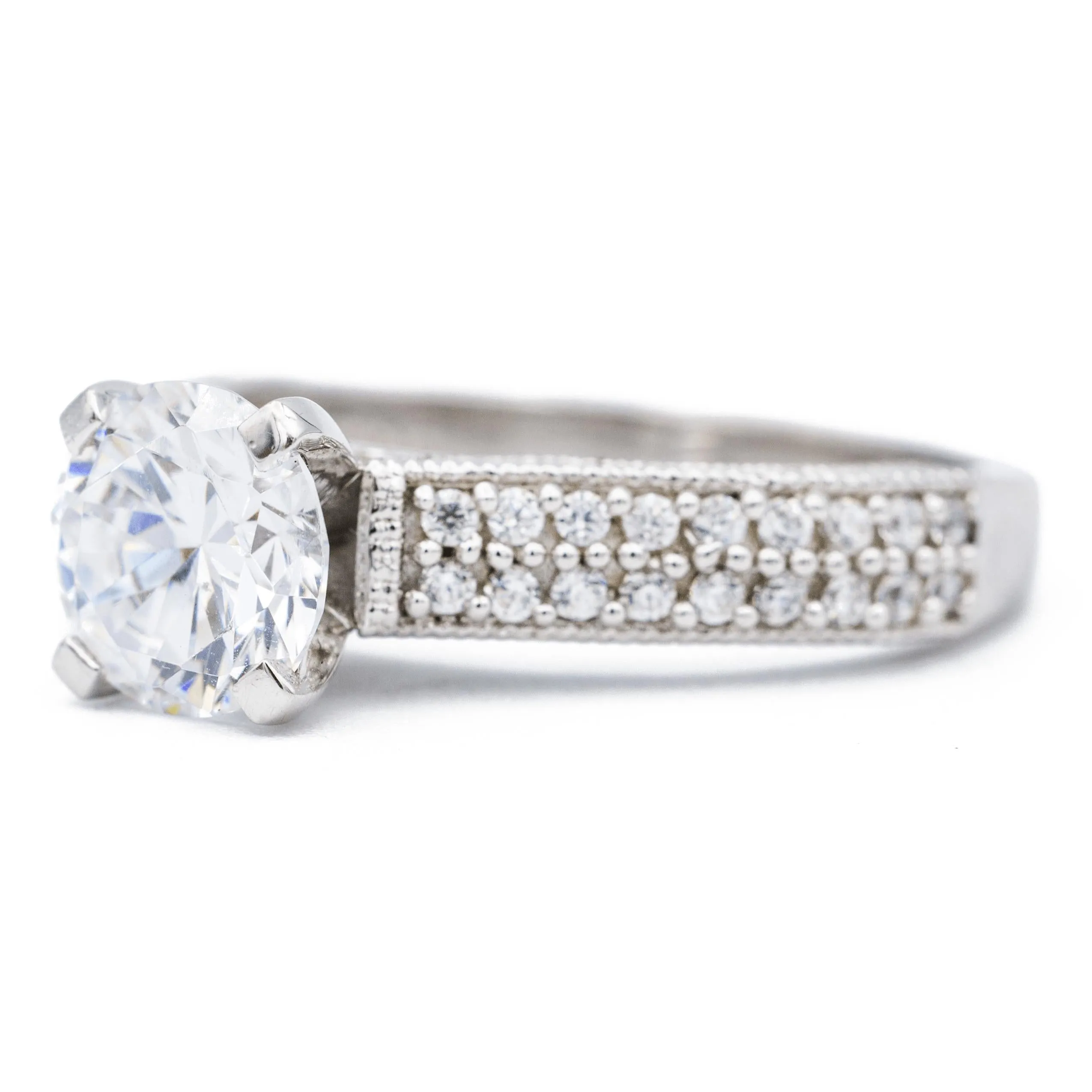8mm Round Center 14K White Gold 4 Prong Pave Sides Ring