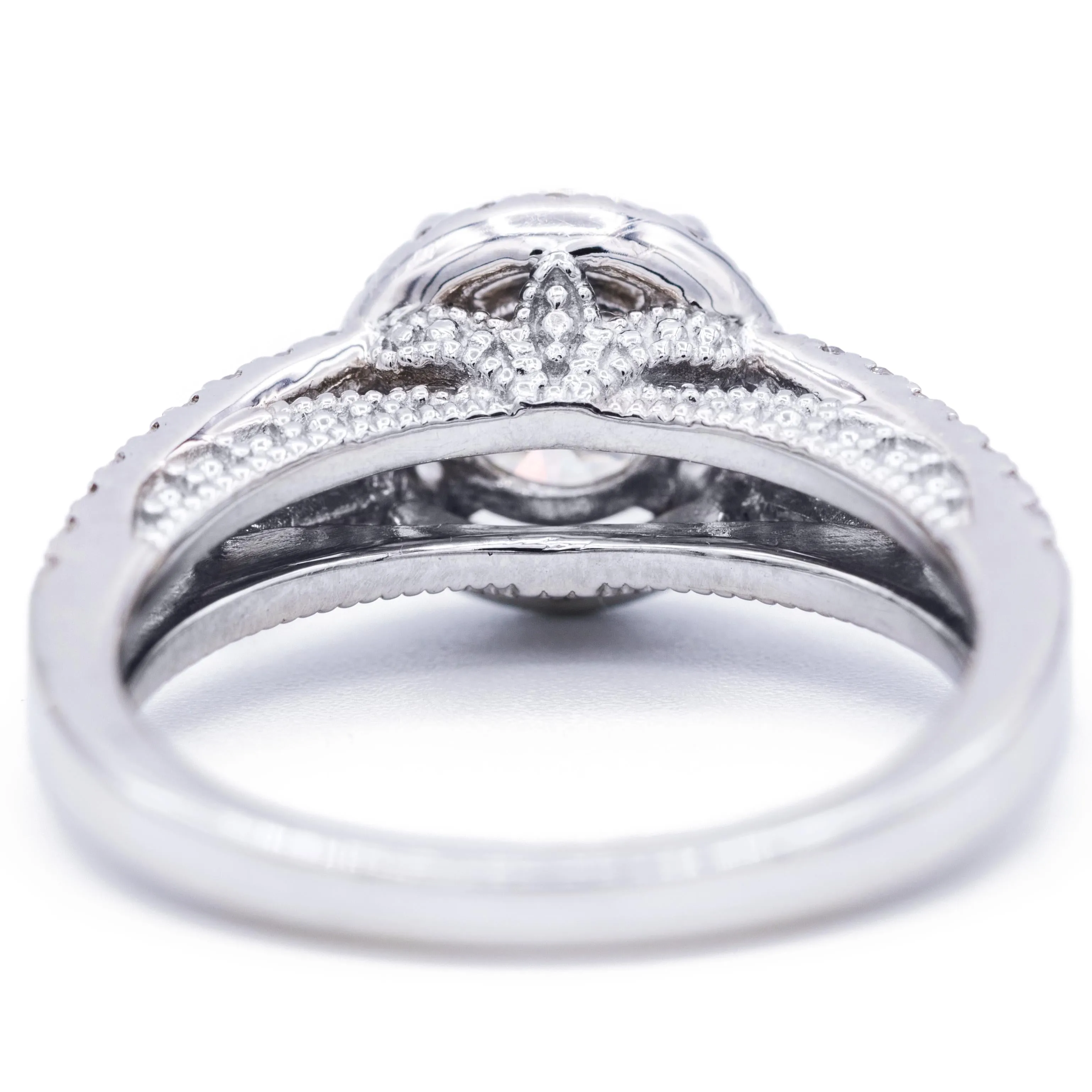 8mm Round Center 14K White Gold Antique Filigree Diamond MicroPave & Baguette Side Ring