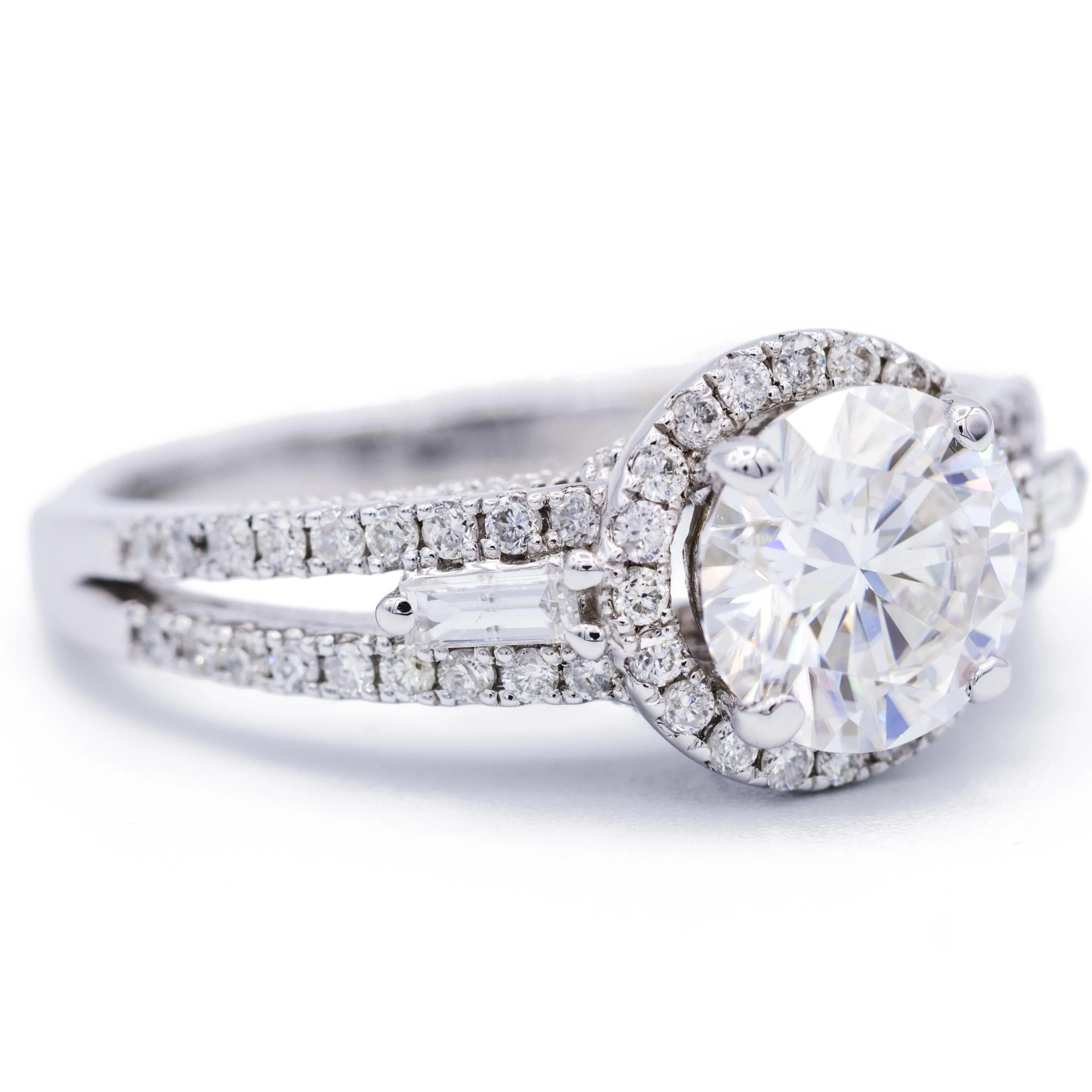 8mm Round Center 14K White Gold Antique Filigree Diamond MicroPave & Baguette Side Ring