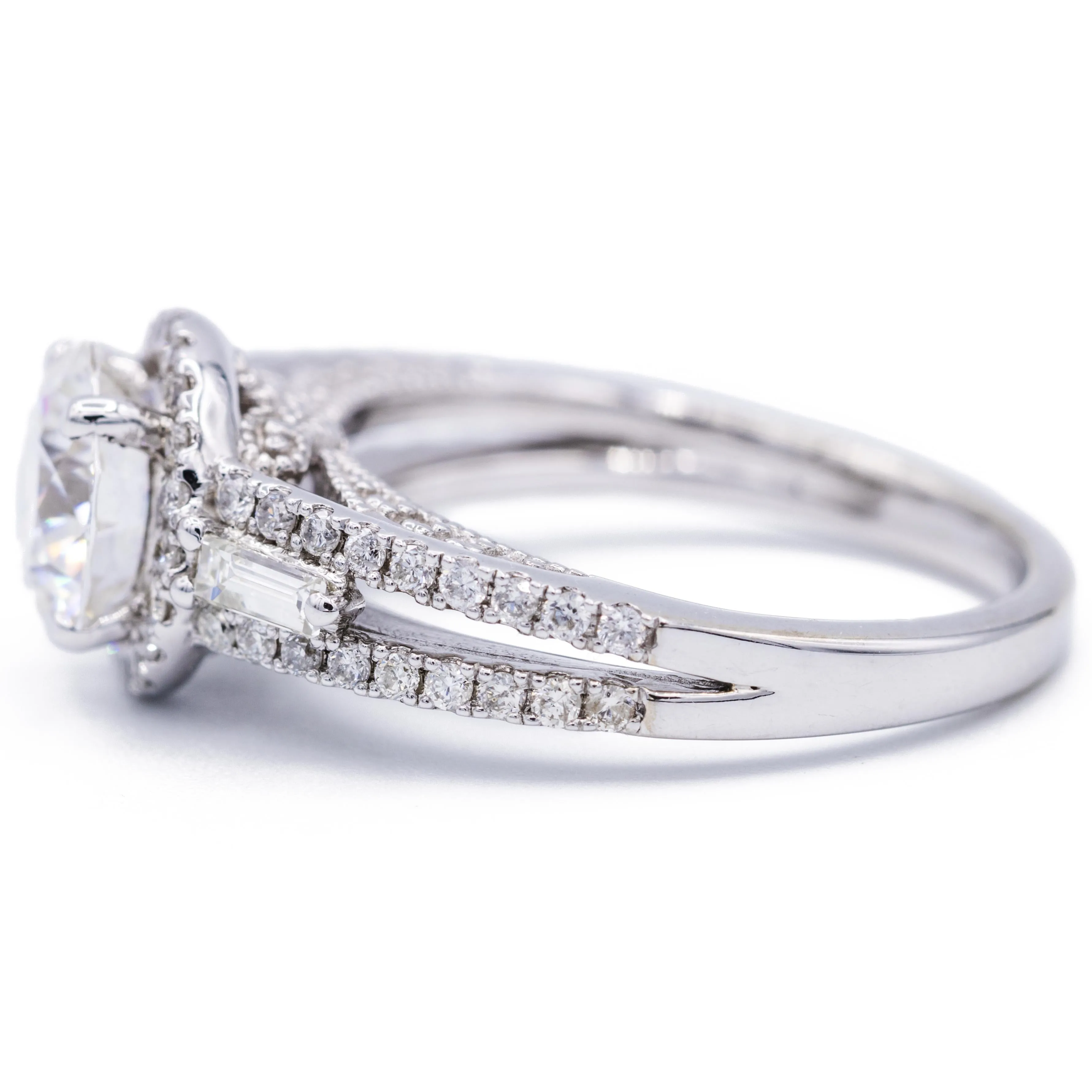 8mm Round Center 14K White Gold Antique Filigree Diamond MicroPave & Baguette Side Ring