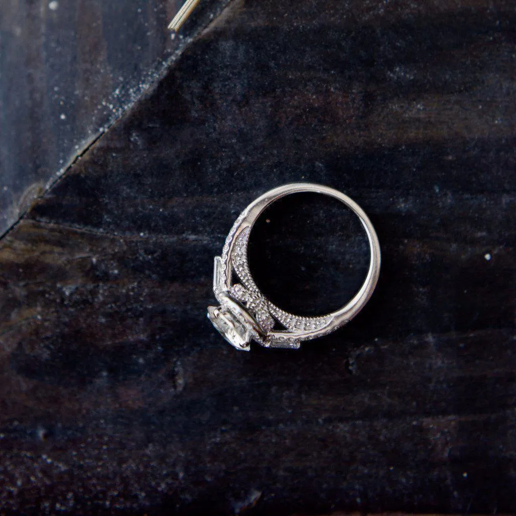 8mm Round Center 14K White Gold Antique Filigree Diamond MicroPave & Baguette Side Ring
