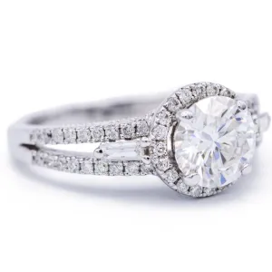 8mm Round Center 14K White Gold Antique Filigree Diamond MicroPave & Baguette Side Ring