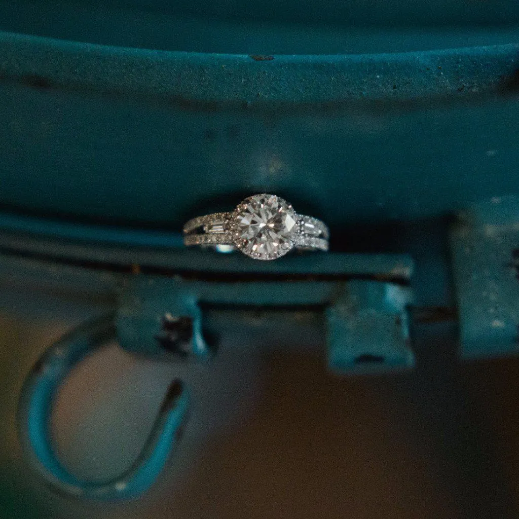 8mm Round Center 14K White Gold Antique Filigree Diamond MicroPave & Baguette Side Ring