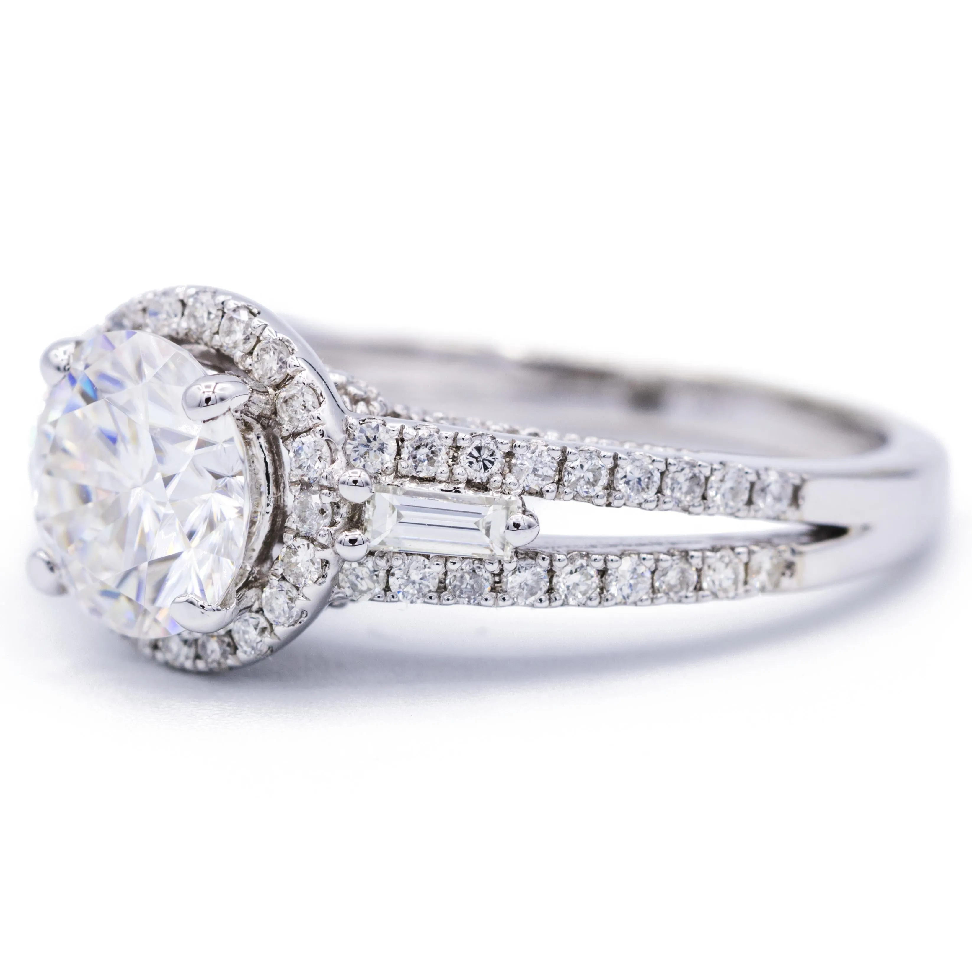 8mm Round Center 14K White Gold Antique Filigree Diamond MicroPave & Baguette Side Ring
