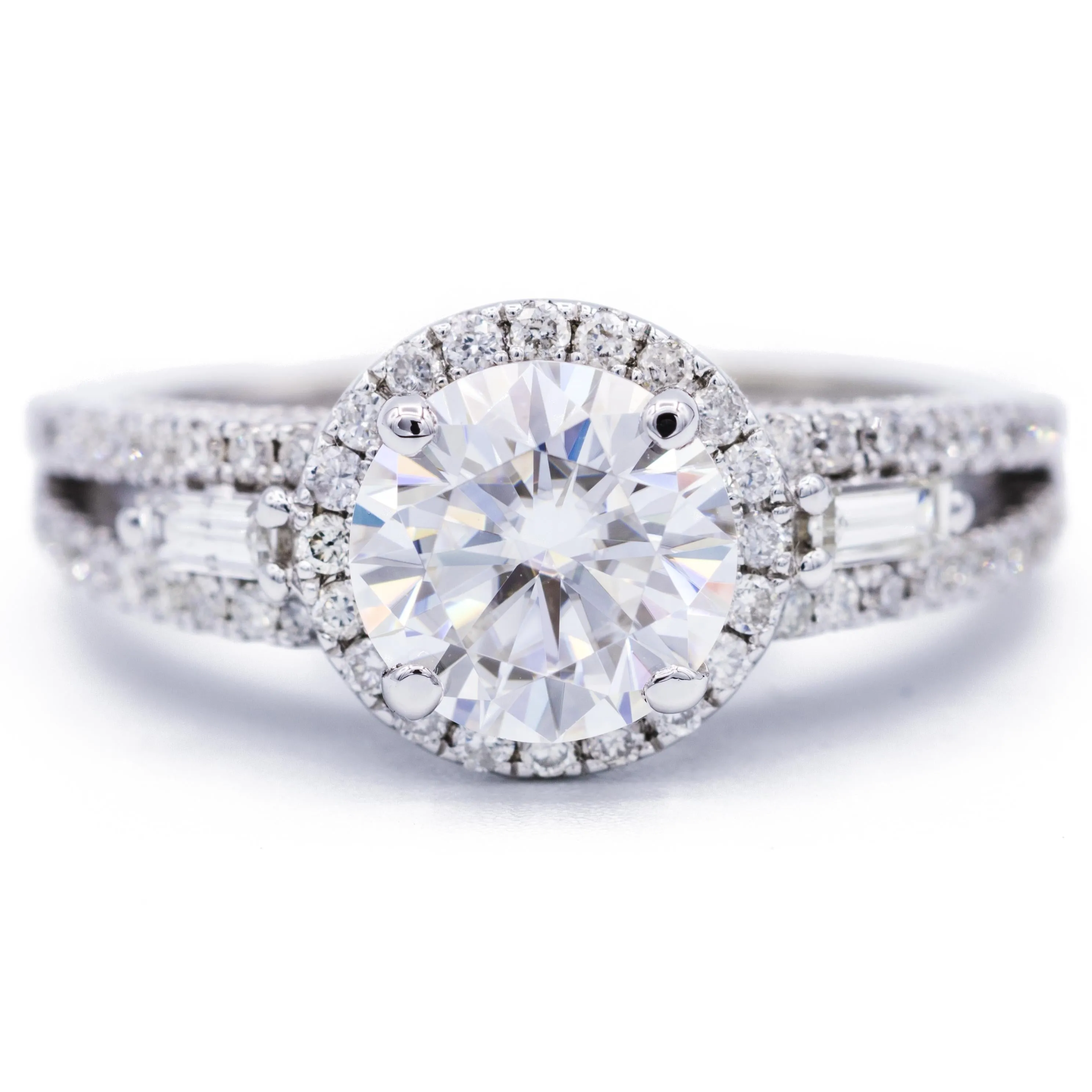 8mm Round Center 14K White Gold Antique Filigree Diamond MicroPave & Baguette Side Ring
