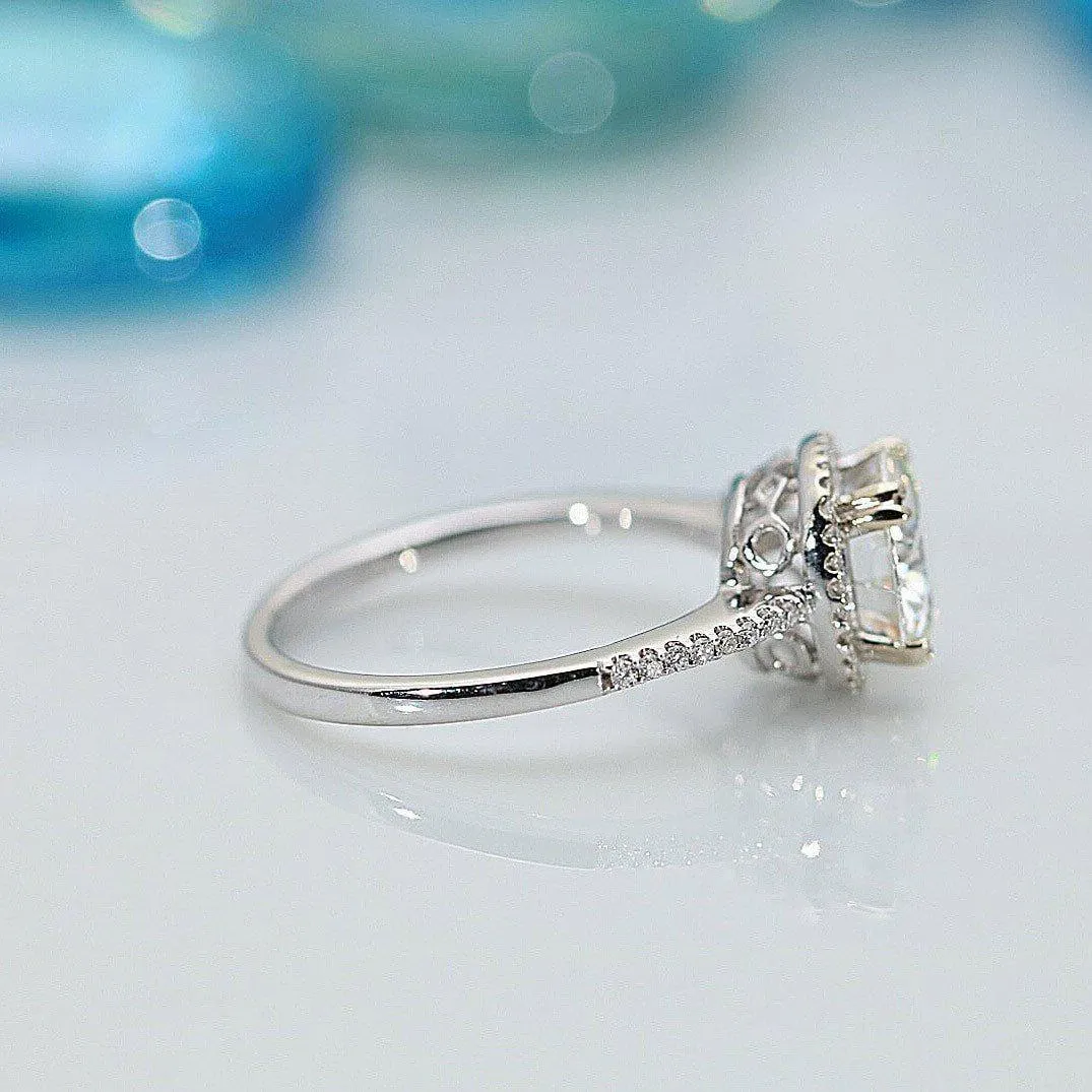 8mm Round Center 14K White Gold Diamond Halo Crown Ring