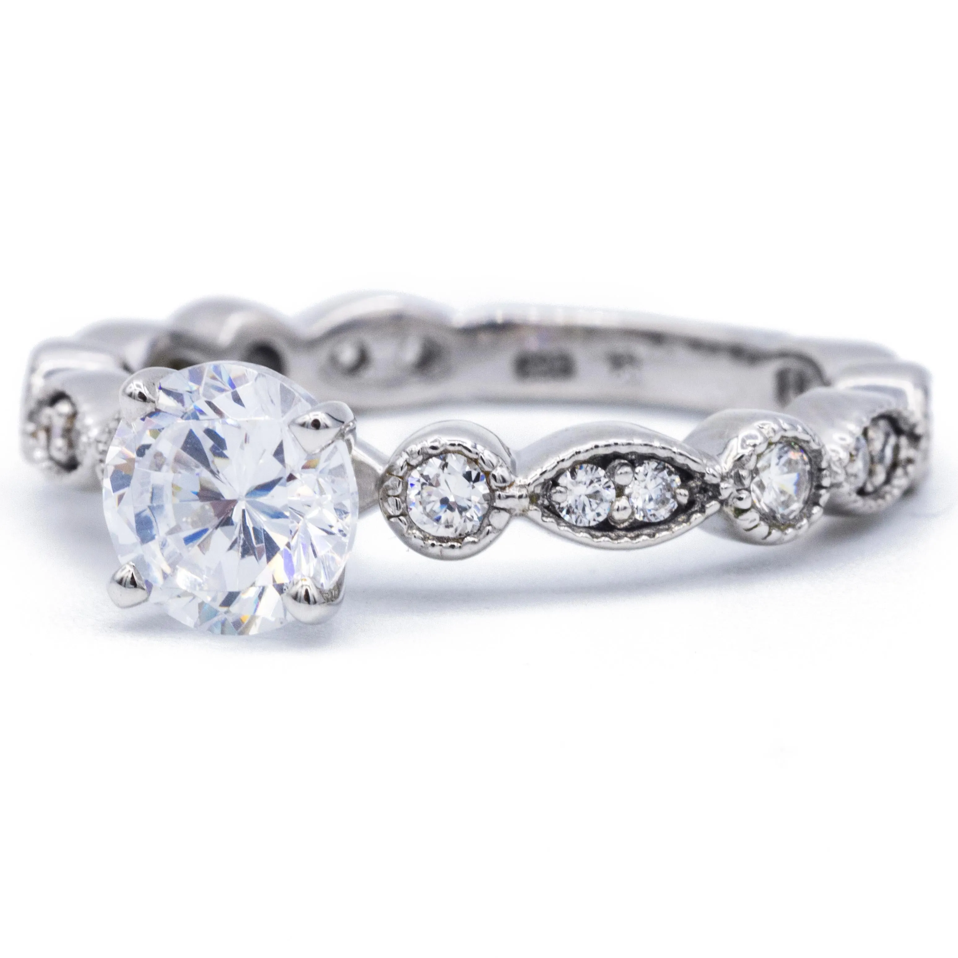 8mm Round Center 14K White Gold Milgrain Diamond Eyes Shank Ring