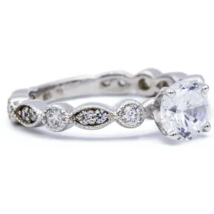8mm Round Center 14K White Gold Milgrain Diamond Eyes Shank Ring