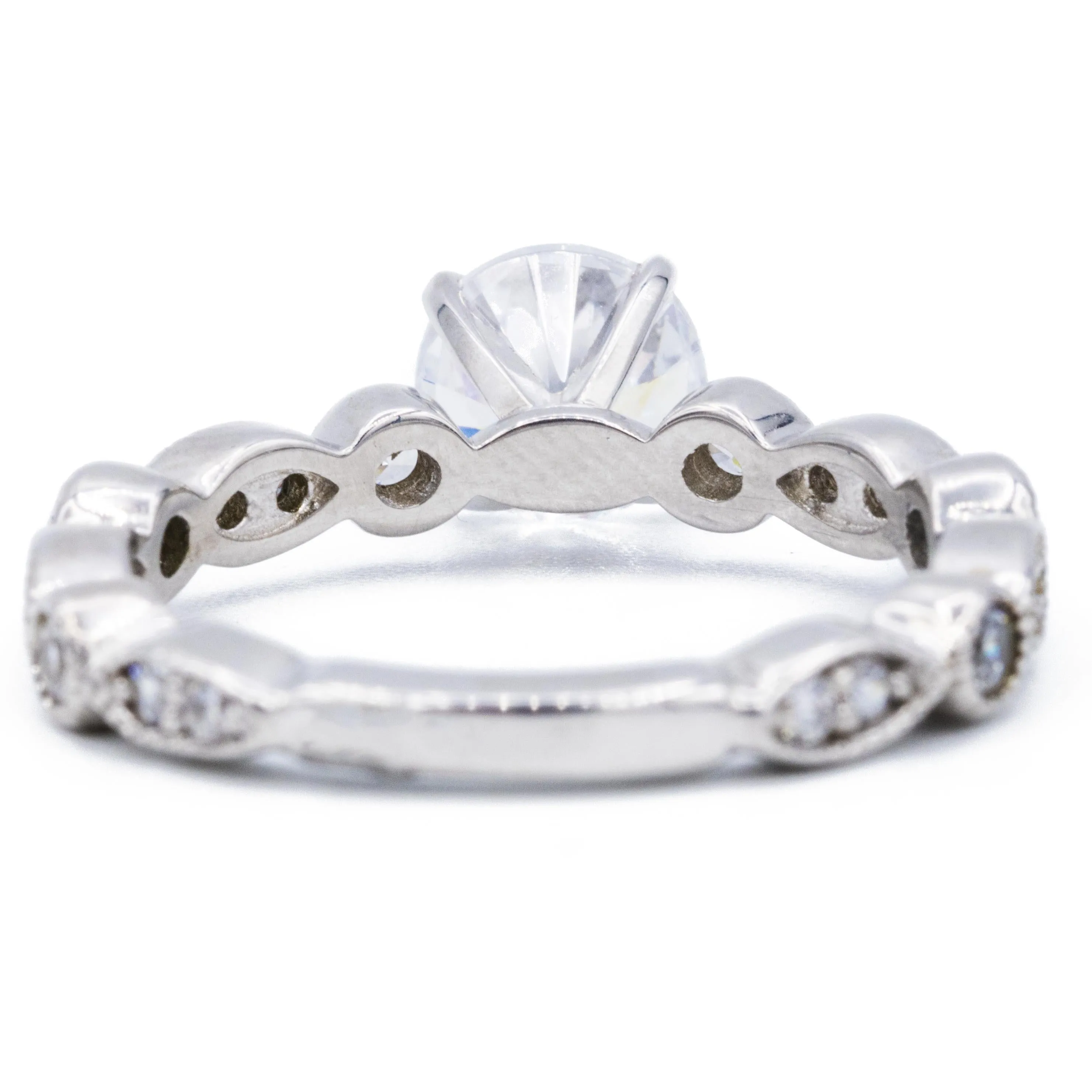 8mm Round Center 14K White Gold Milgrain Diamond Eyes Shank Ring