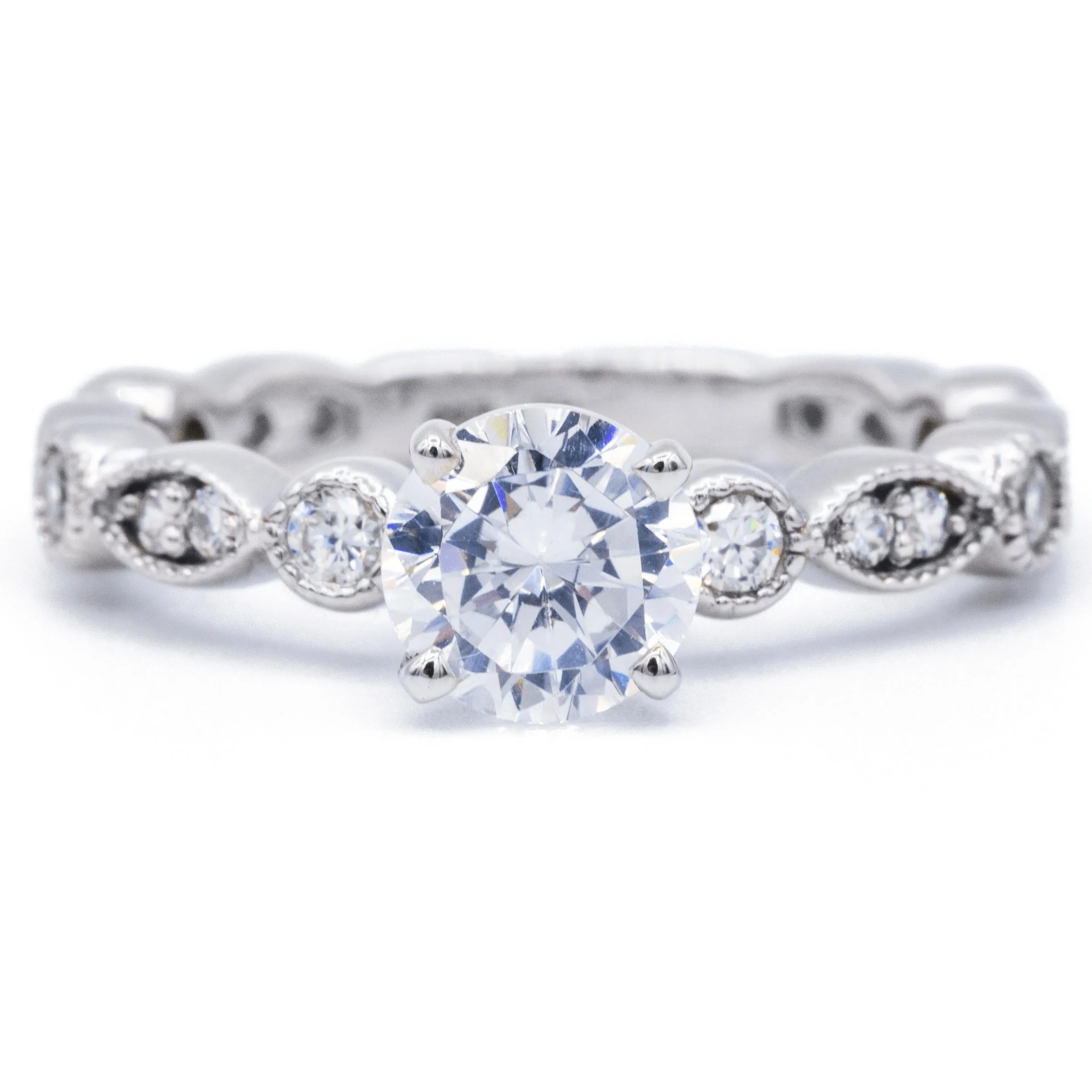 8mm Round Center 14K White Gold Milgrain Diamond Eyes Shank Ring