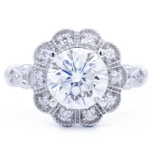 8mm Round Center 14K White Gold Milgrain Vintage Halo Ring