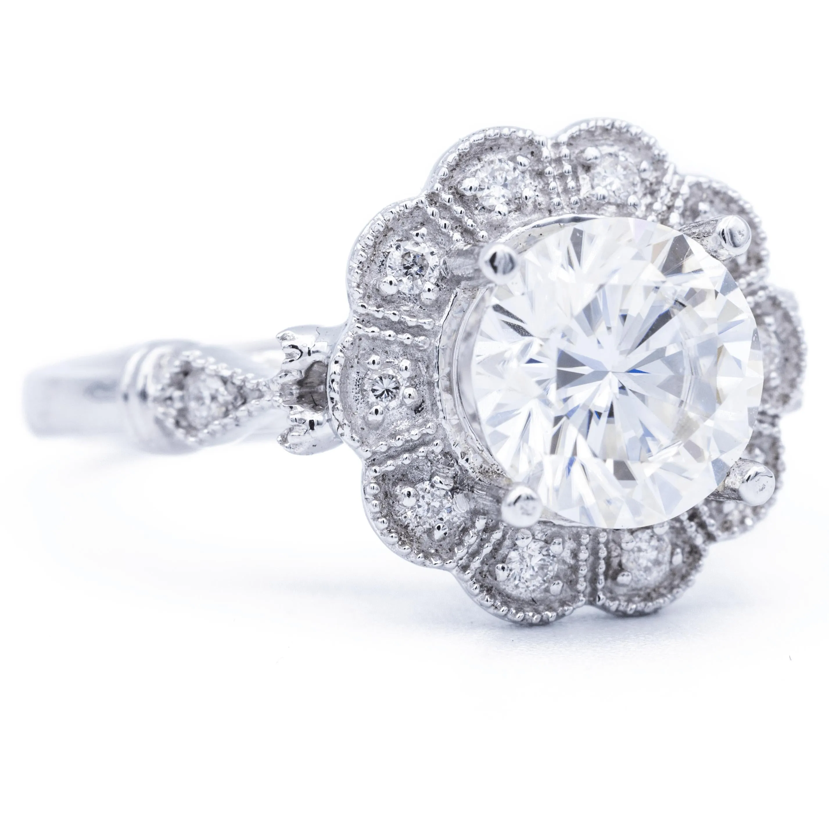 8mm Round Center 14K White Gold Milgrain Vintage Halo Ring