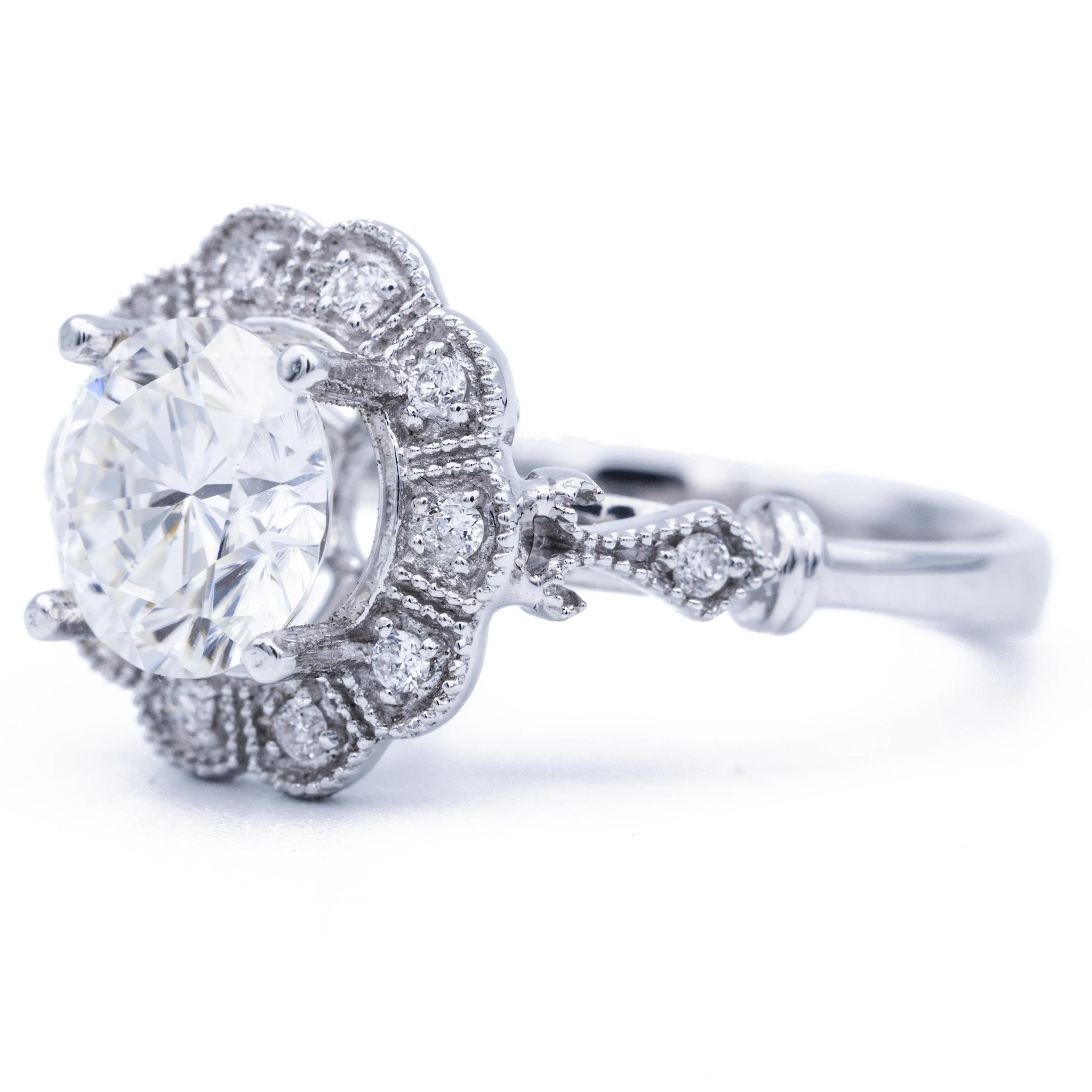 8mm Round Center 14K White Gold Milgrain Vintage Halo Ring