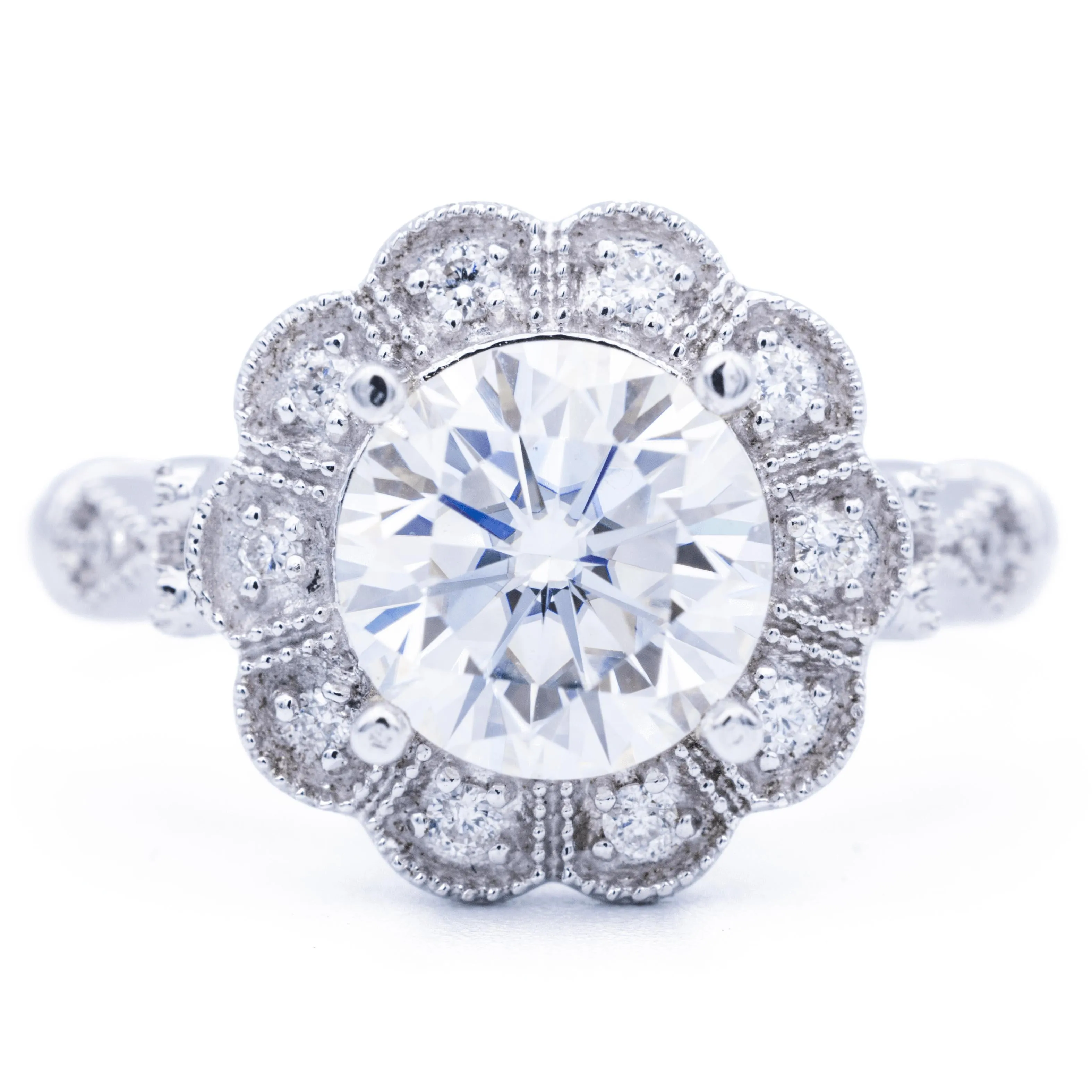 8mm Round Center 14K White Gold Milgrain Vintage Halo Ring
