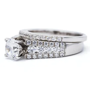 8mm Round Center 14K White Gold Thick Triple Row Diamond Shank Ring and Diamond Band Set