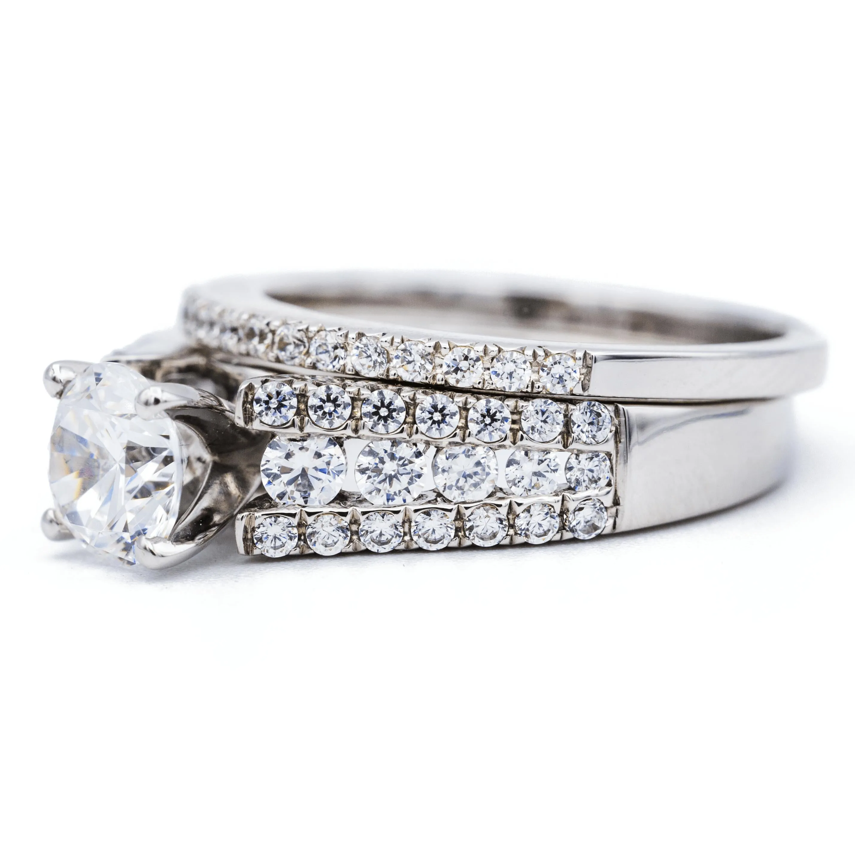 8mm Round Center 14K White Gold Thick Triple Row Diamond Shank Ring and Diamond Band Set