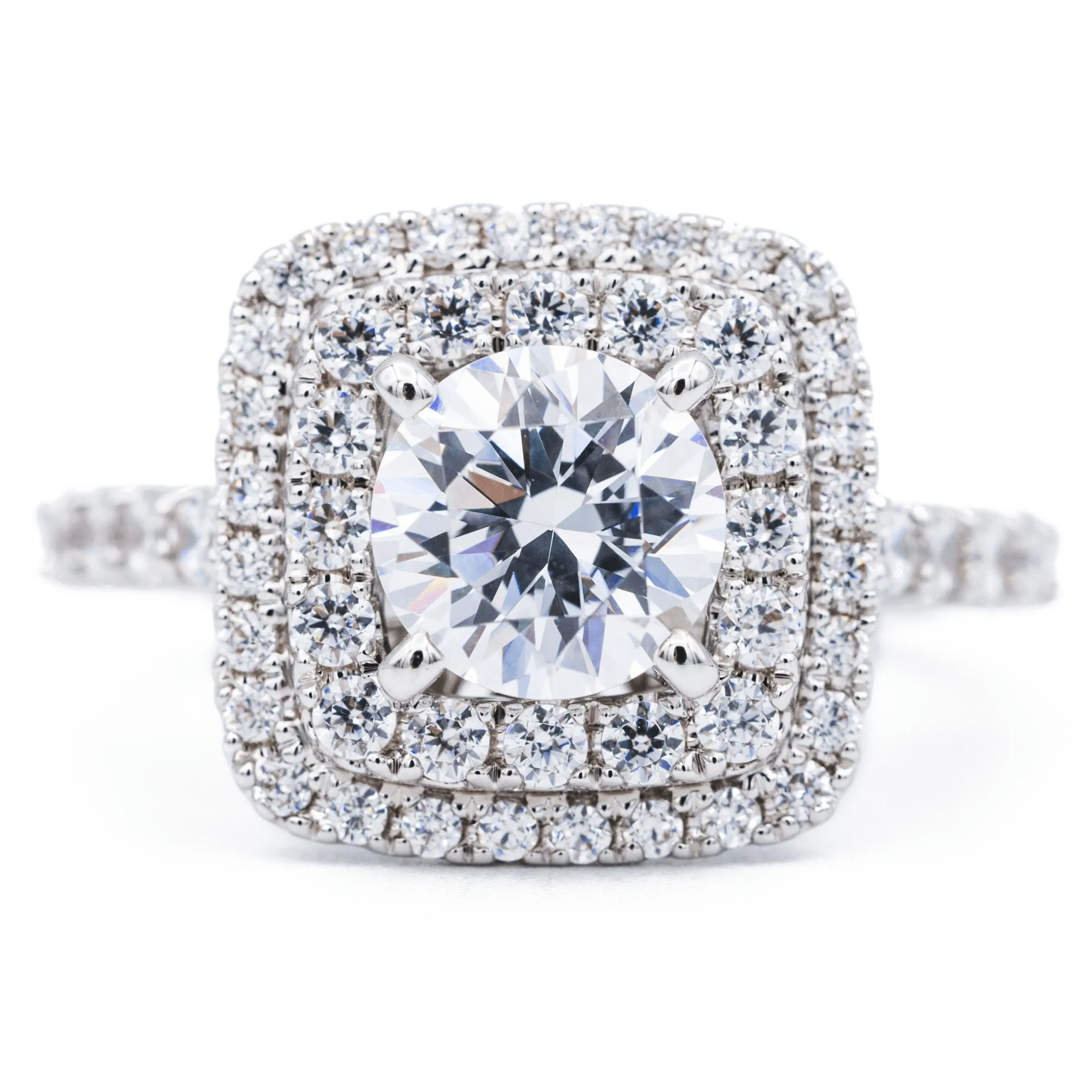 8mm Round Center 14K White Solid Gold Diamond Double Halo Design Ring