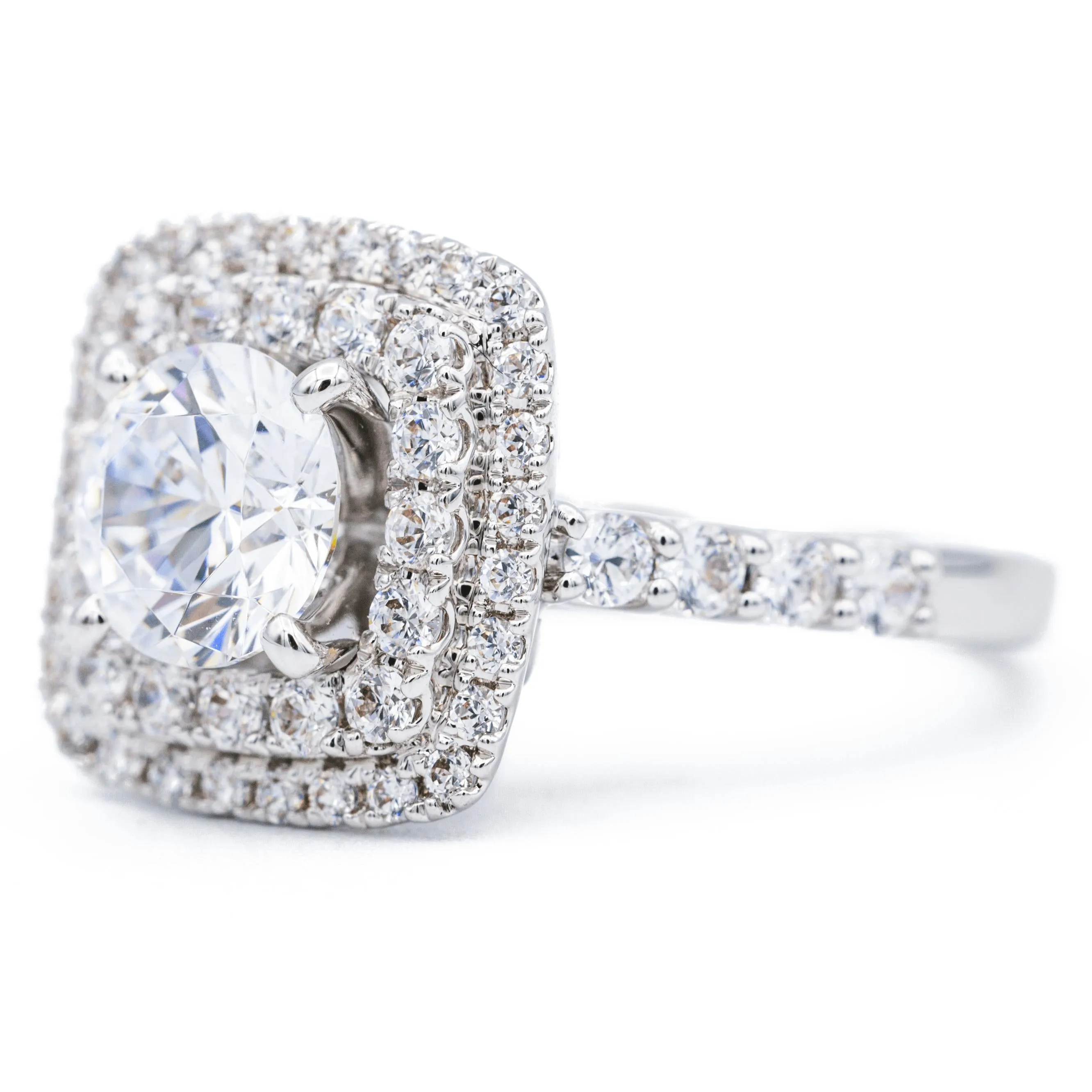 8mm Round Center 14K White Solid Gold Diamond Double Halo Design Ring