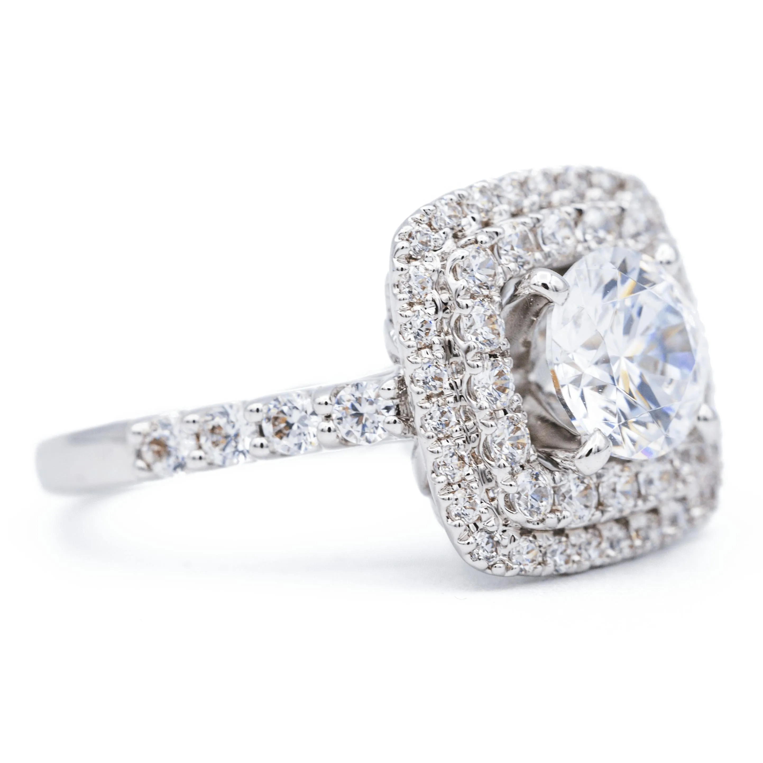 8mm Round Center 14K White Solid Gold Diamond Double Halo Design Ring