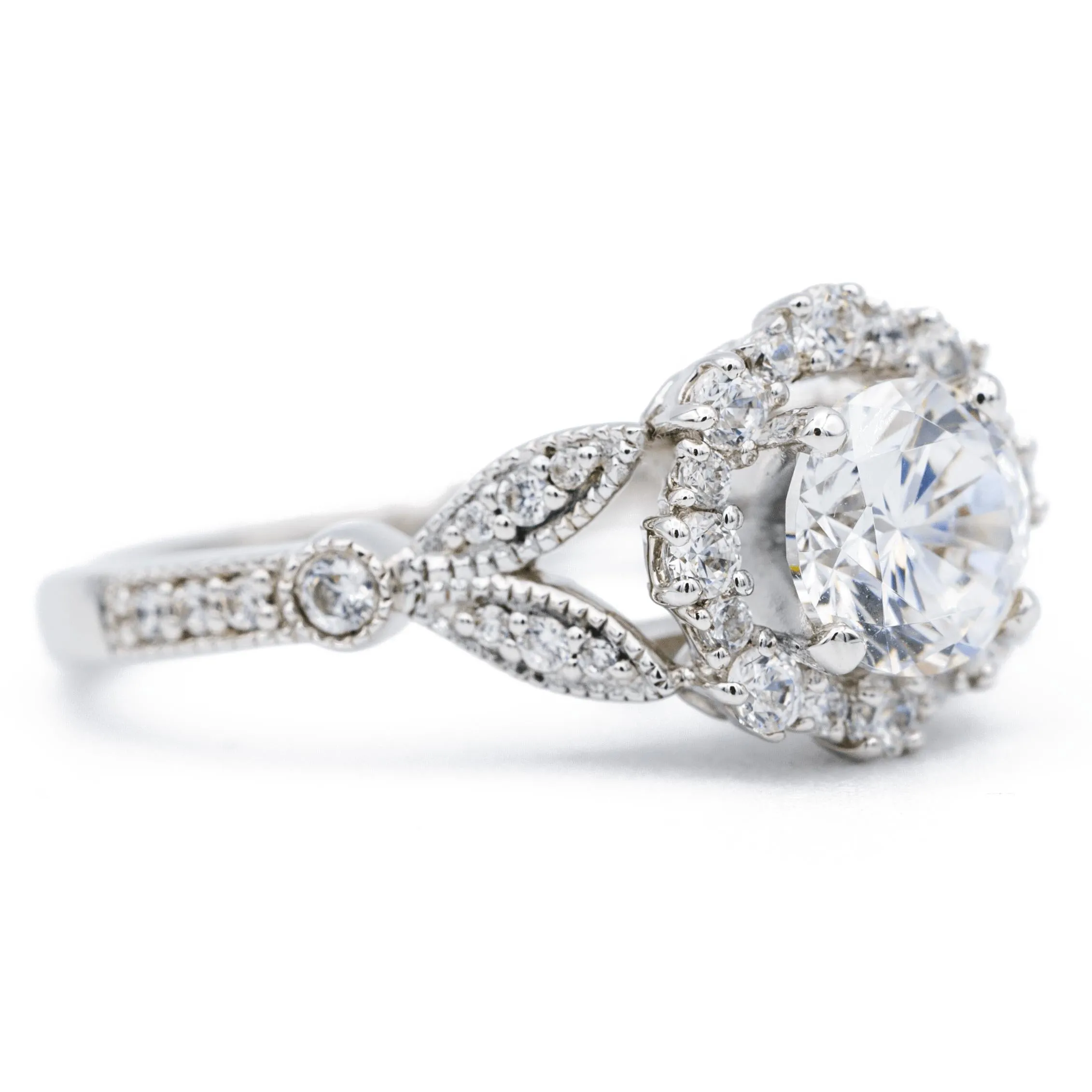 8mm Round Center 14K White Solid Gold Diamond Halo Milgrain Design Ring