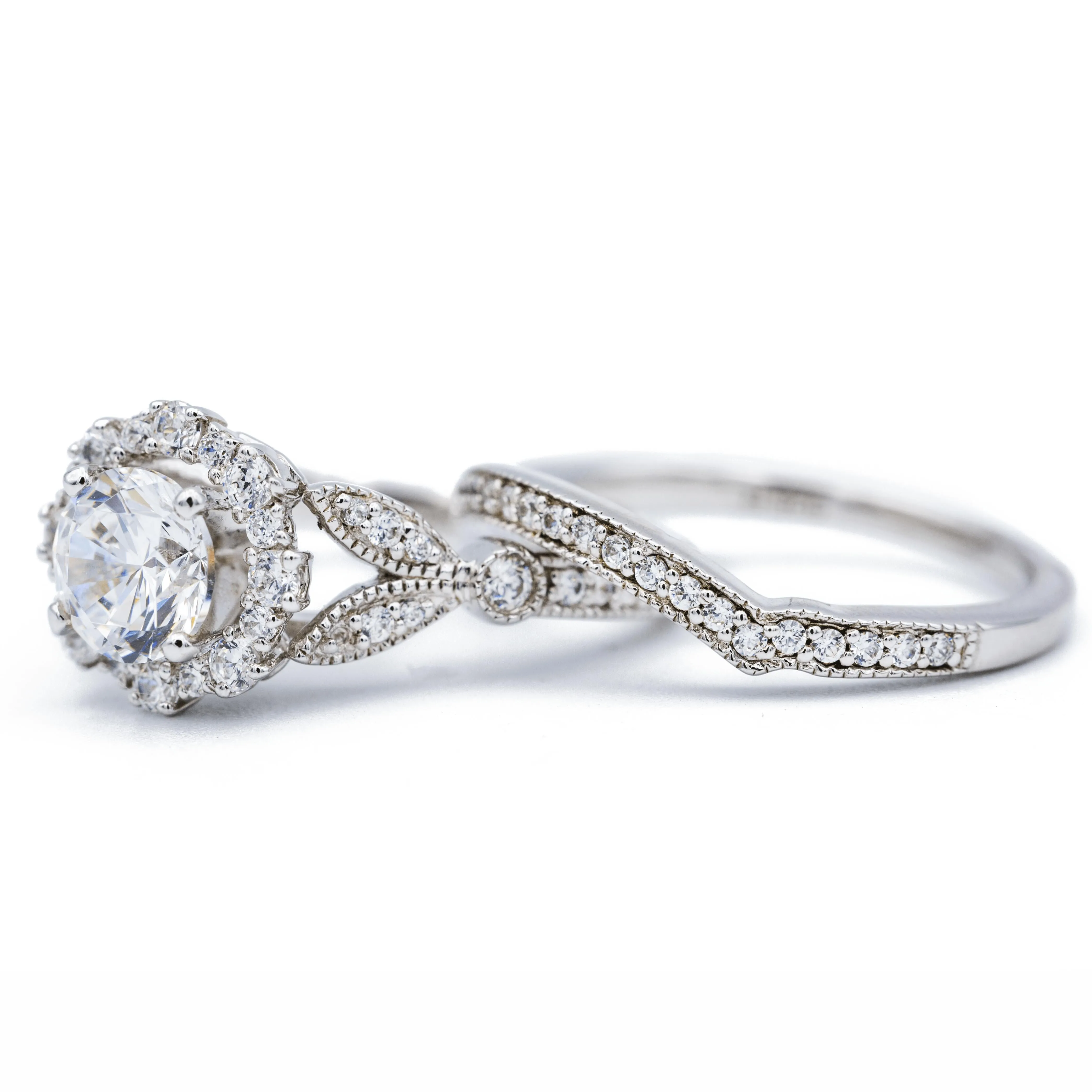8mm Round Center 14K White Solid Gold Diamond Halo Milgrain Design Ring