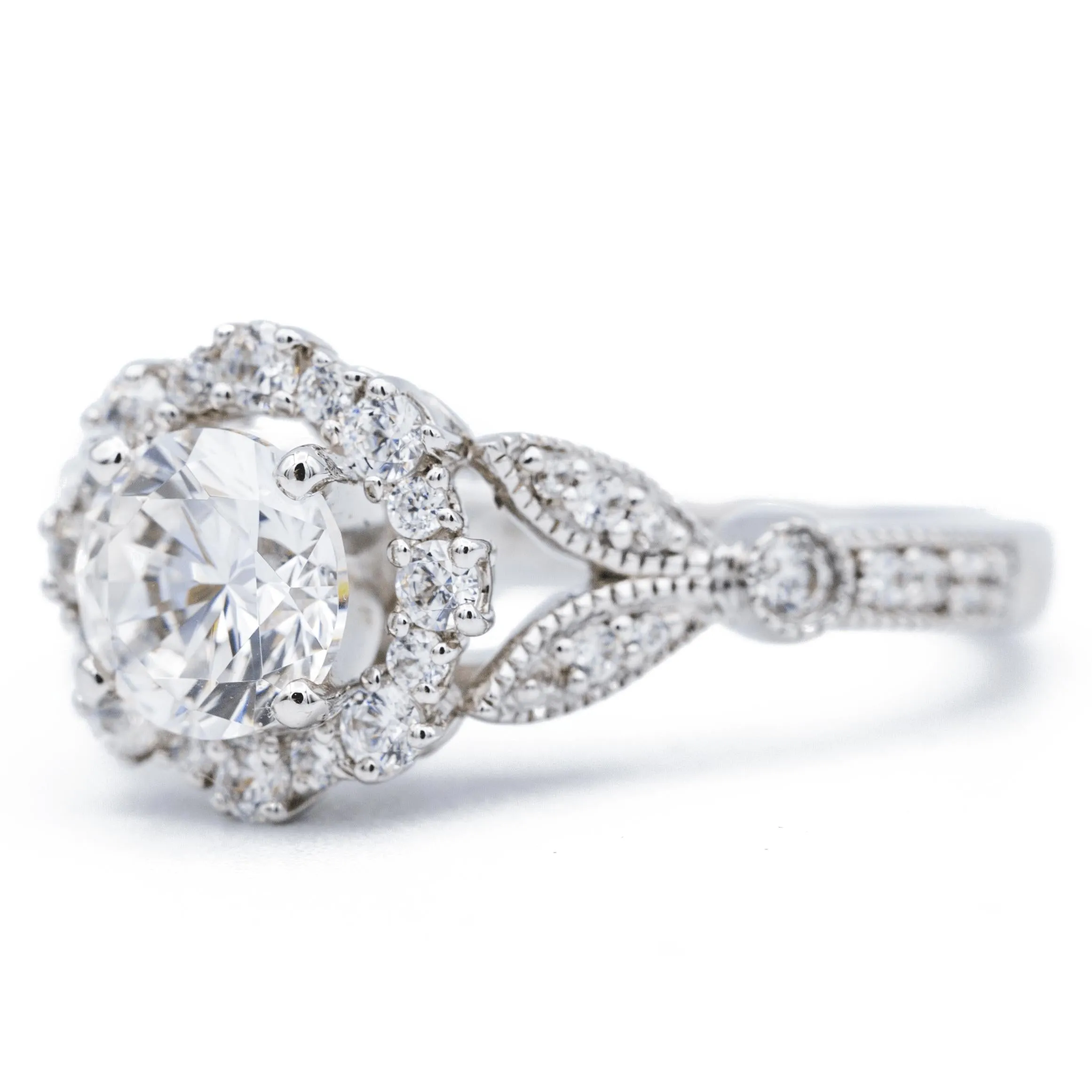 8mm Round Center 14K White Solid Gold Diamond Halo Milgrain Design Ring