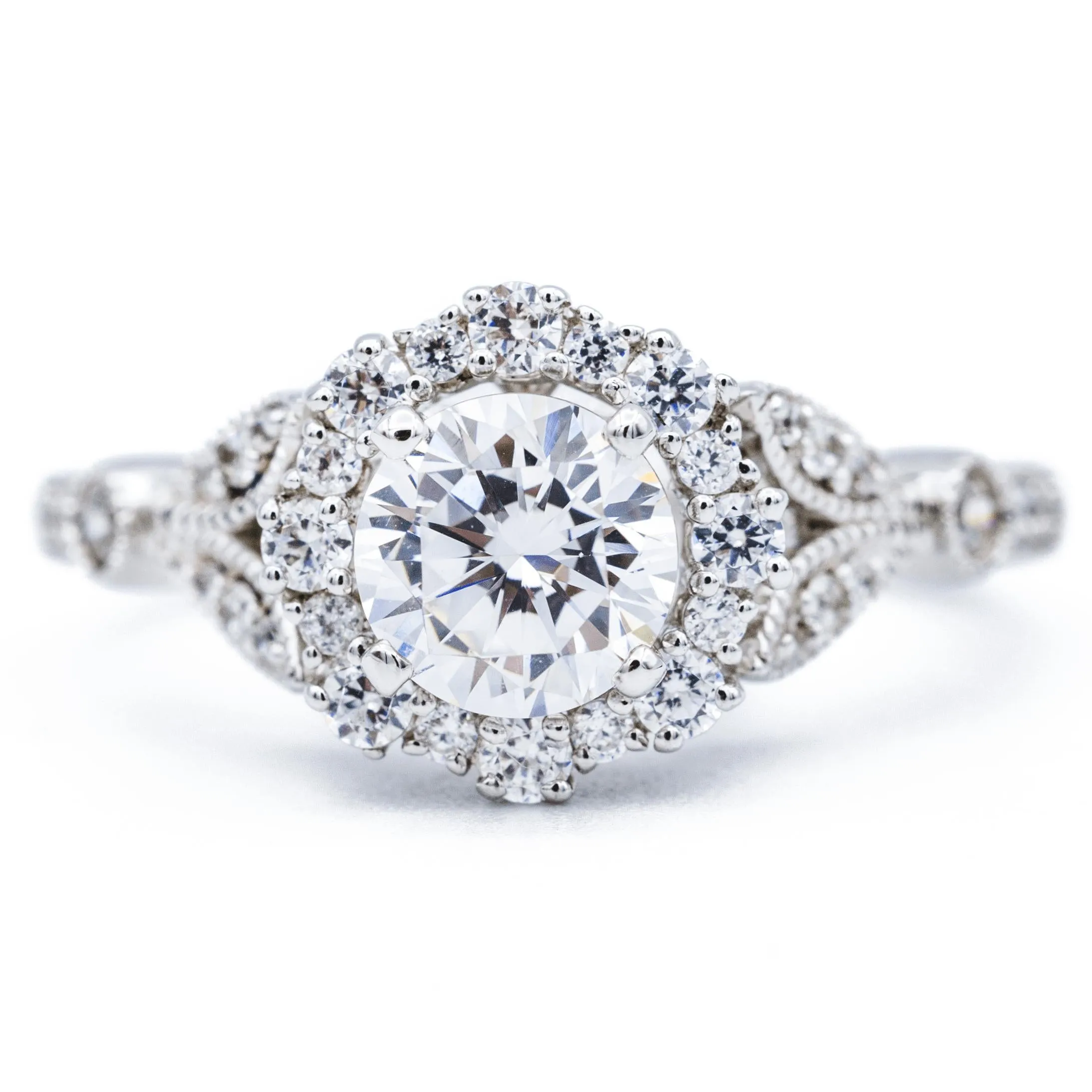 8mm Round Center 14K White Solid Gold Diamond Halo Milgrain Design Ring