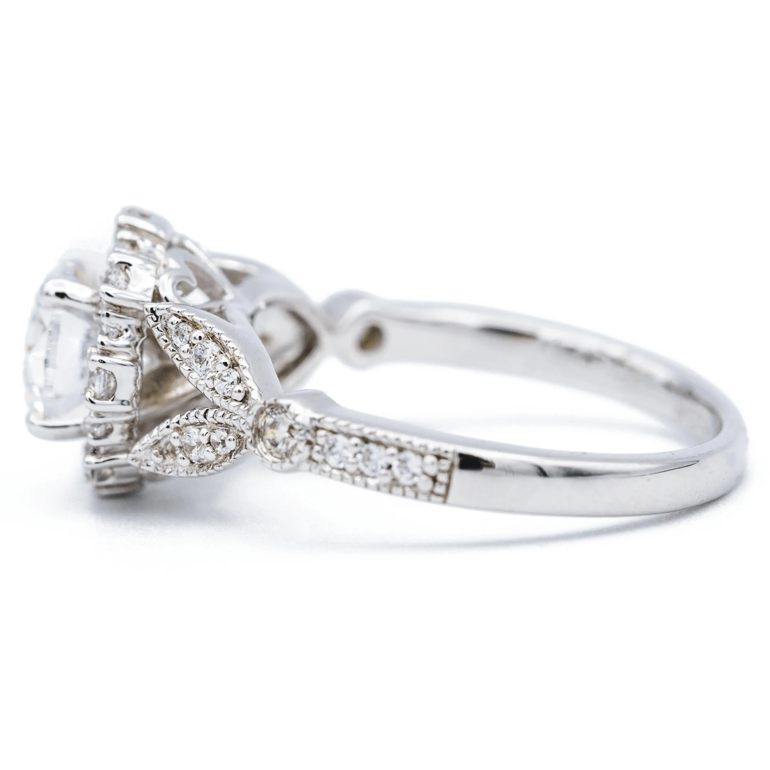 8mm Round Center 14K White Solid Gold Diamond Halo Milgrain Design Ring