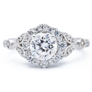 8mm Round Center 14K White Solid Gold Diamond Halo Milgrain Design Ring