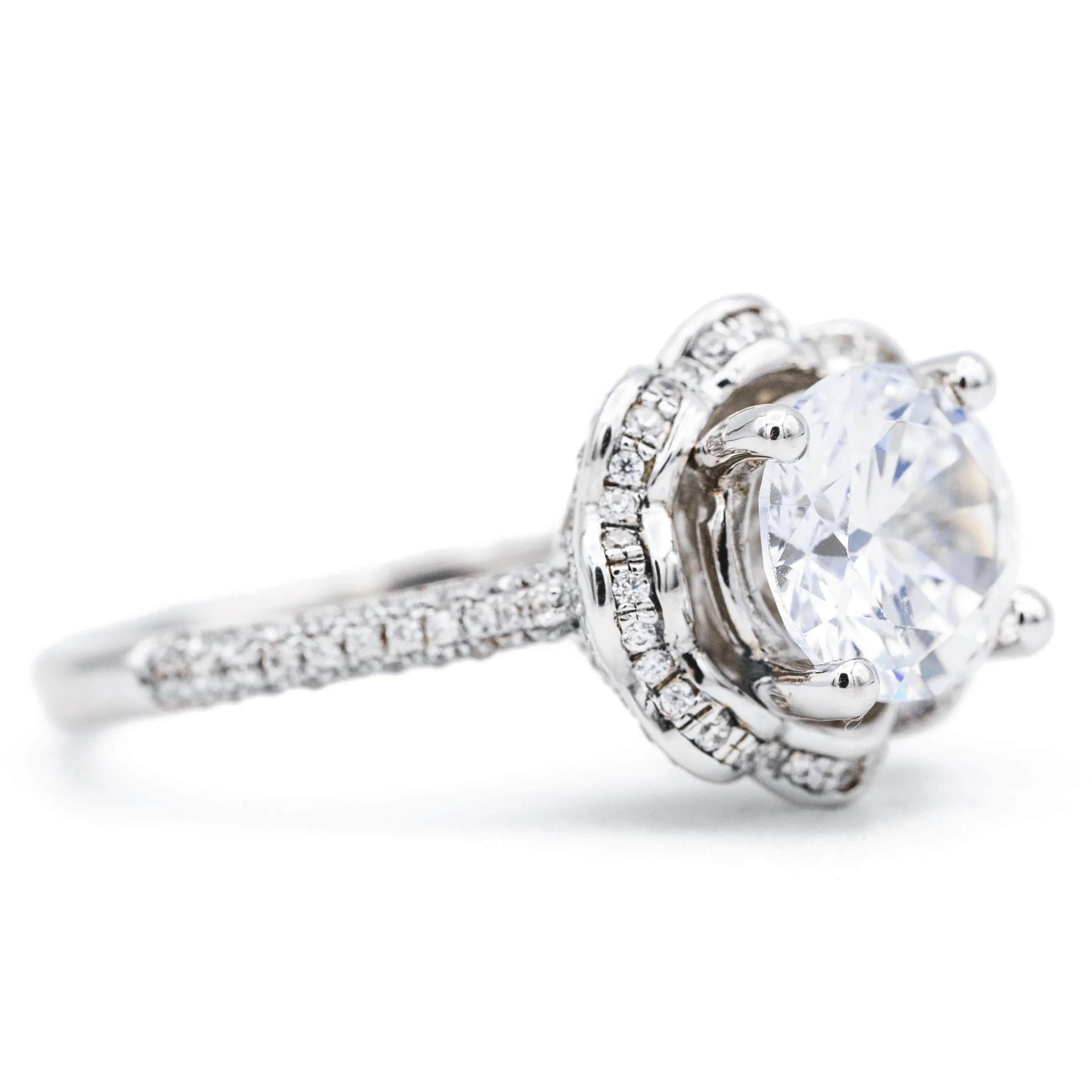 8mm Round Center 14K White Solid Gold Diamond Shank Floral Halo Design Ring