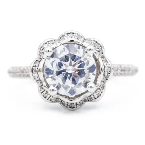 8mm Round Center 14K White Solid Gold Diamond Shank Floral Halo Design Ring
