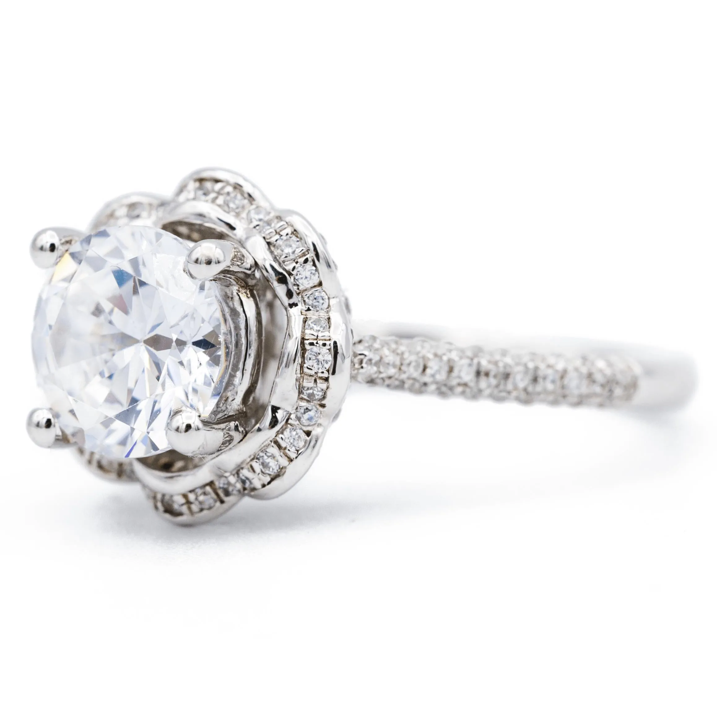 8mm Round Center 14K White Solid Gold Diamond Shank Floral Halo Design Ring