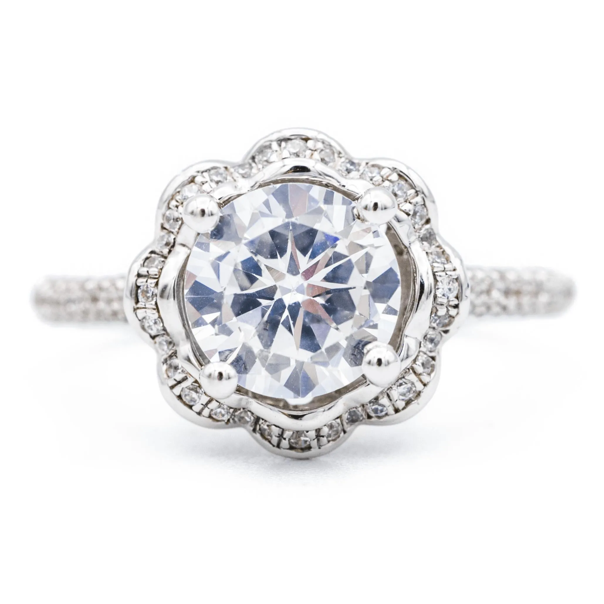 8mm Round Center 14K White Solid Gold Diamond Shank Floral Halo Design Ring