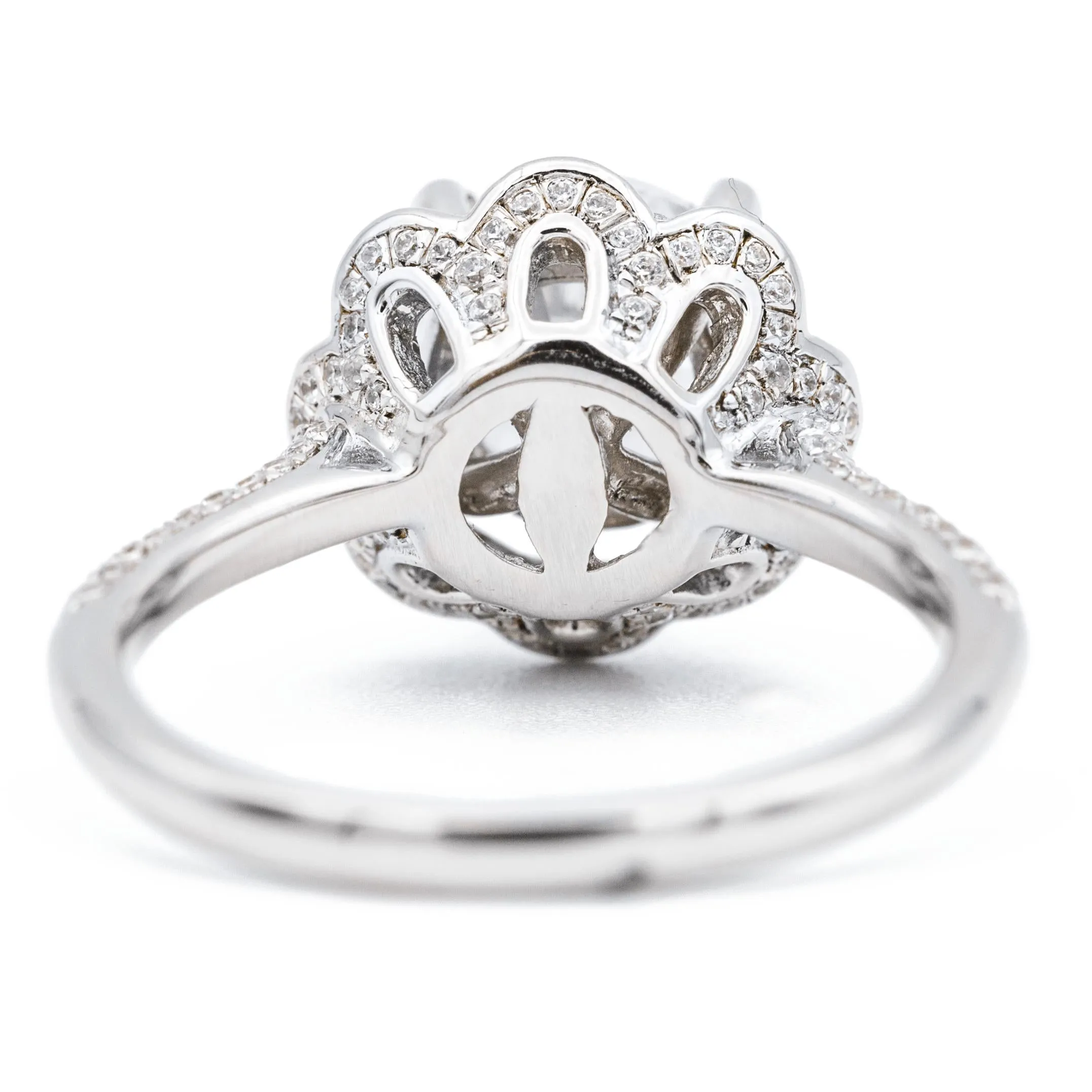 8mm Round Center 14K White Solid Gold Diamond Shank Floral Halo Design Ring