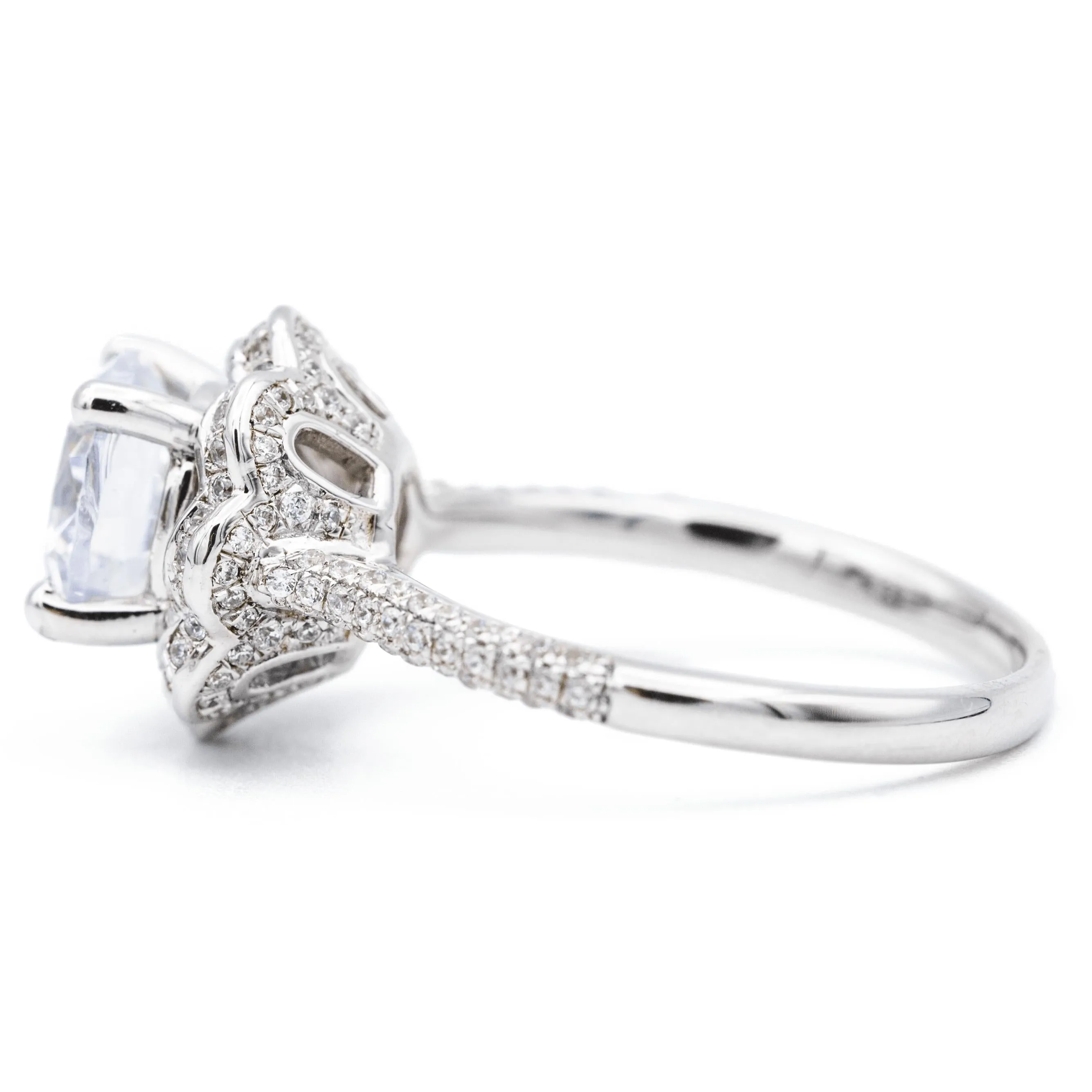 8mm Round Center 14K White Solid Gold Diamond Shank Floral Halo Design Ring