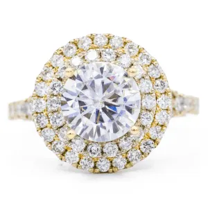 8mm Round Center 14K Yellow Gold Double Halo Pave Ring