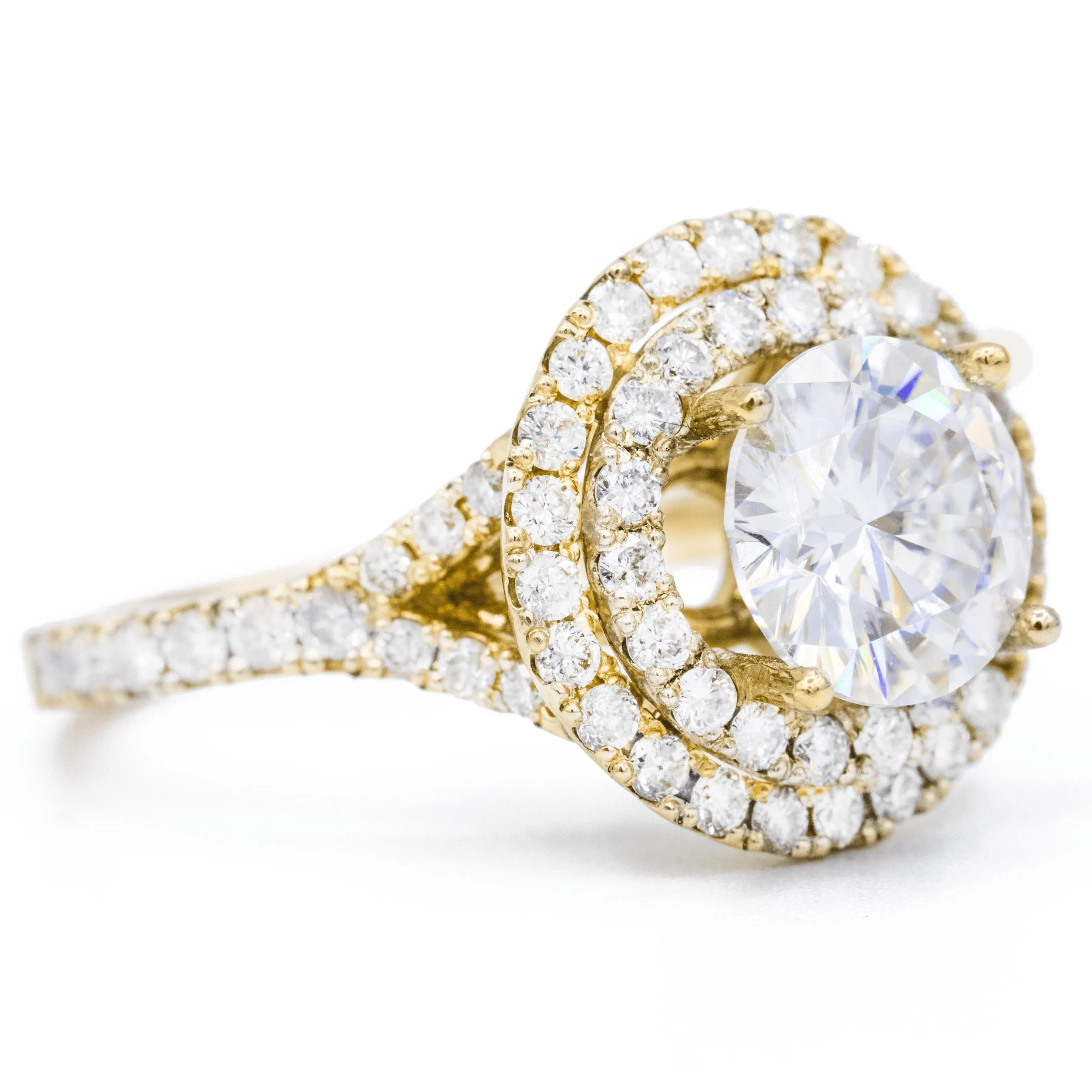 8mm Round Center 14K Yellow Gold Double Halo Pave Ring