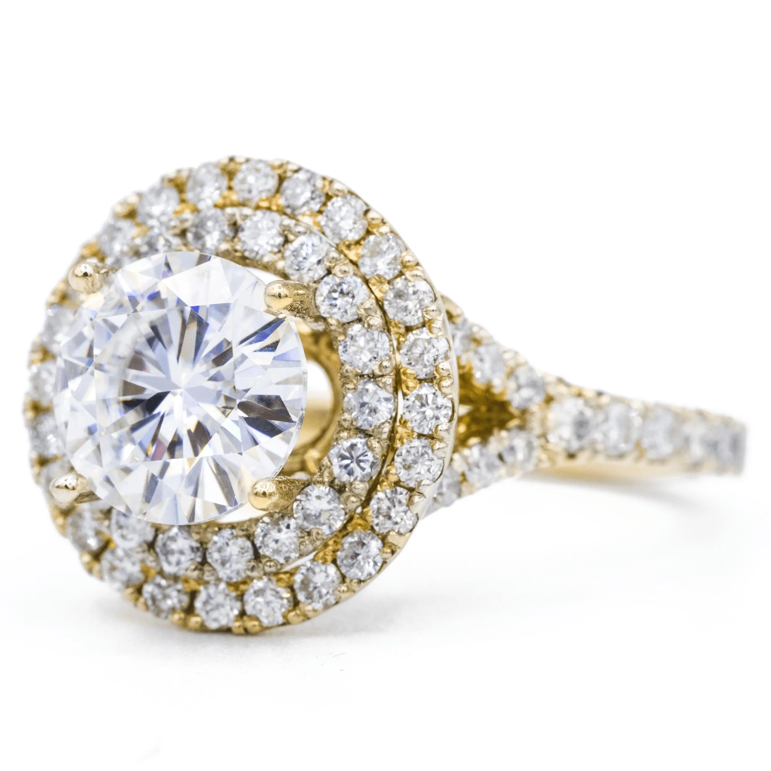 8mm Round Center 14K Yellow Gold Double Halo Pave Ring