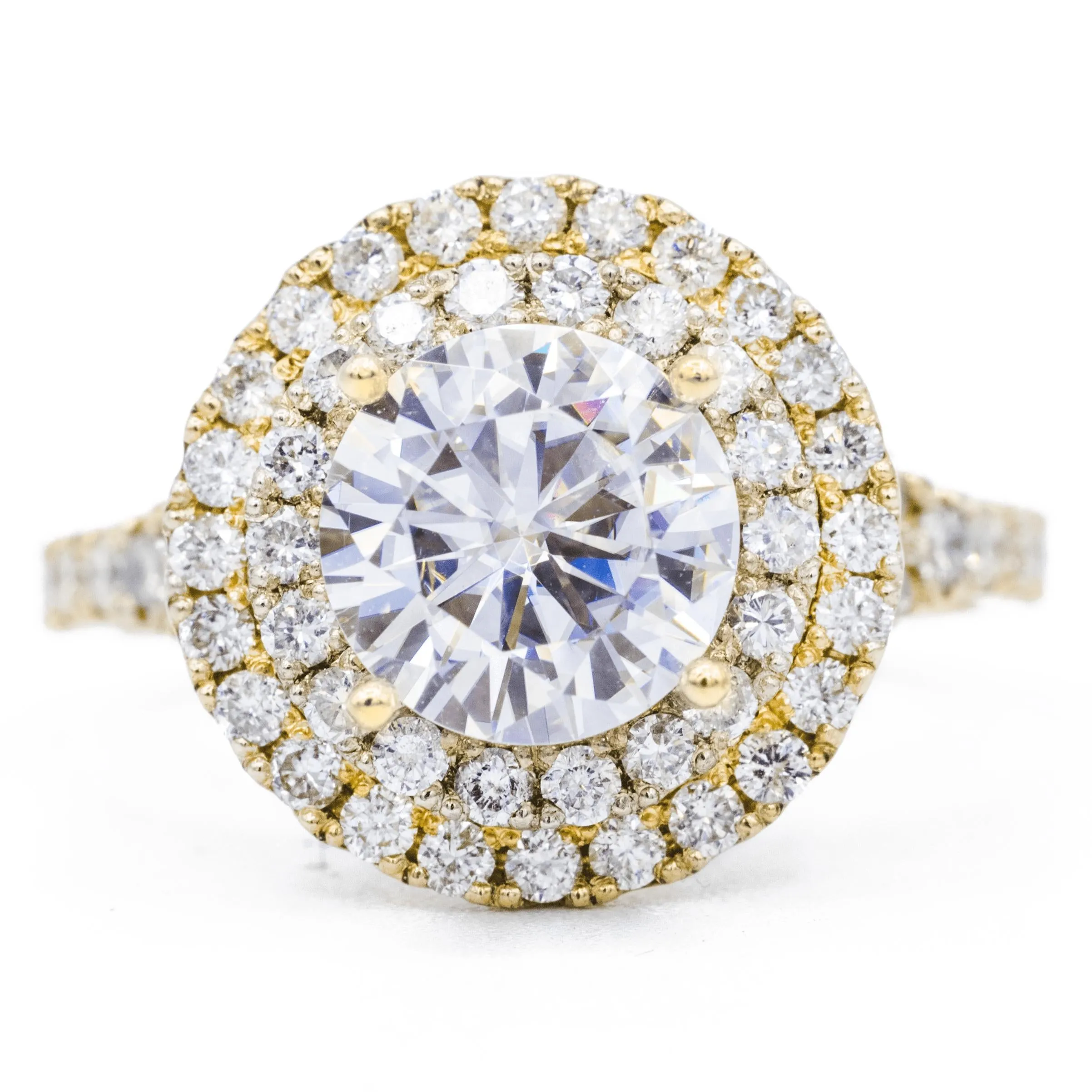 8mm Round Center 14K Yellow Gold Double Halo Pave Ring