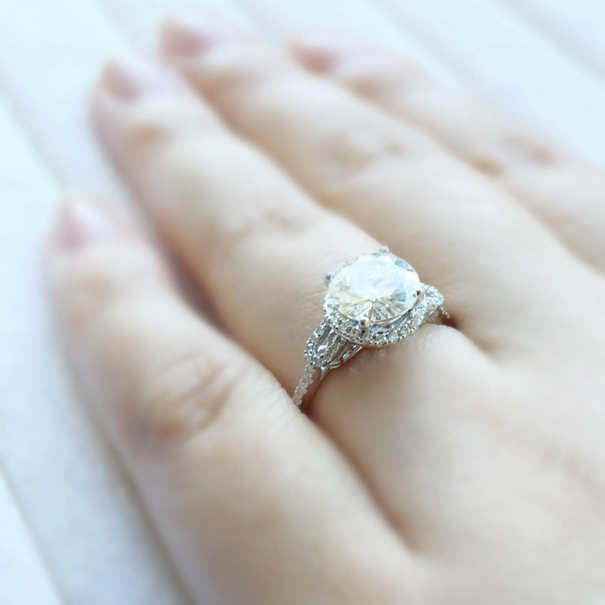 8mm Round Center 14KW Diamond Accent Halo and Filigree Band Ring