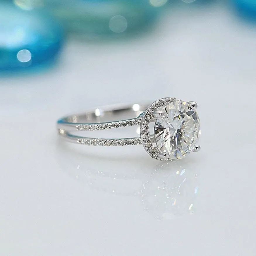 8mm Round Center 14KW Split Shank Diamond Accent Halo Ring