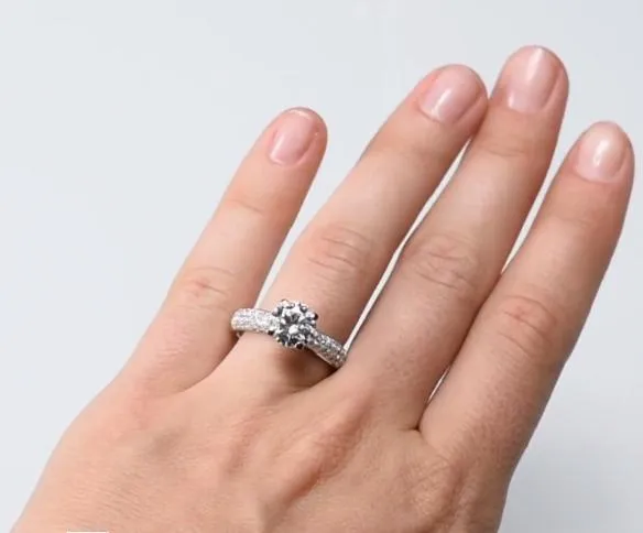 8mm Round Center and Diamond Fire Pave Shoulders 14K White Gold Ring