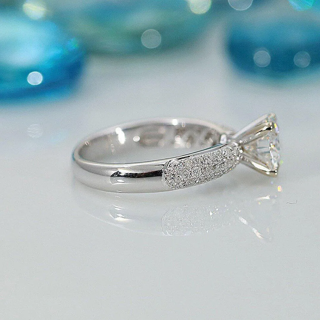 8mm Round Center and Diamond Fire Pave Shoulders 14K White Gold Ring