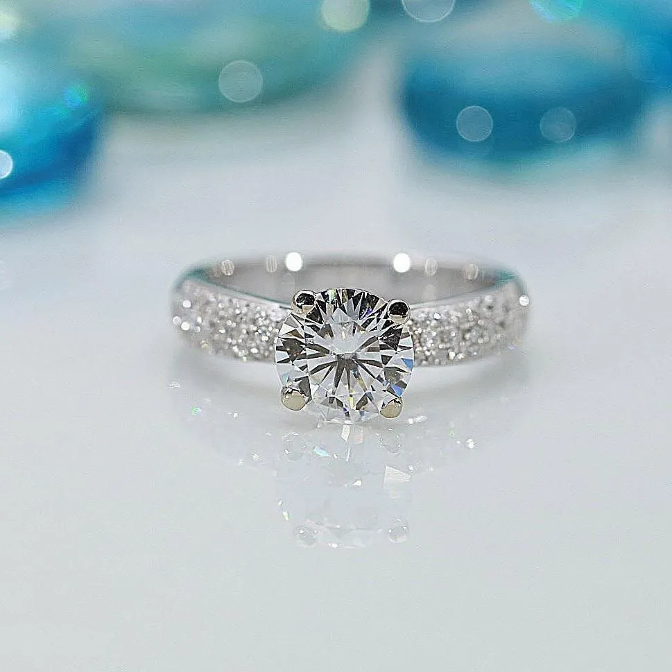 8mm Round Center and Diamond Fire Pave Shoulders 14K White Gold Ring