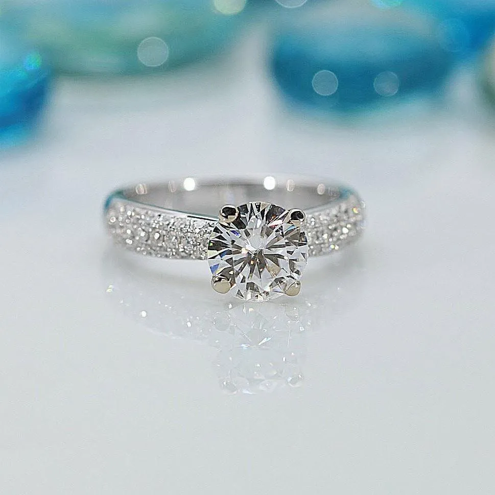 8mm Round Center and Diamond Fire Pave Shoulders 14K White Gold Ring