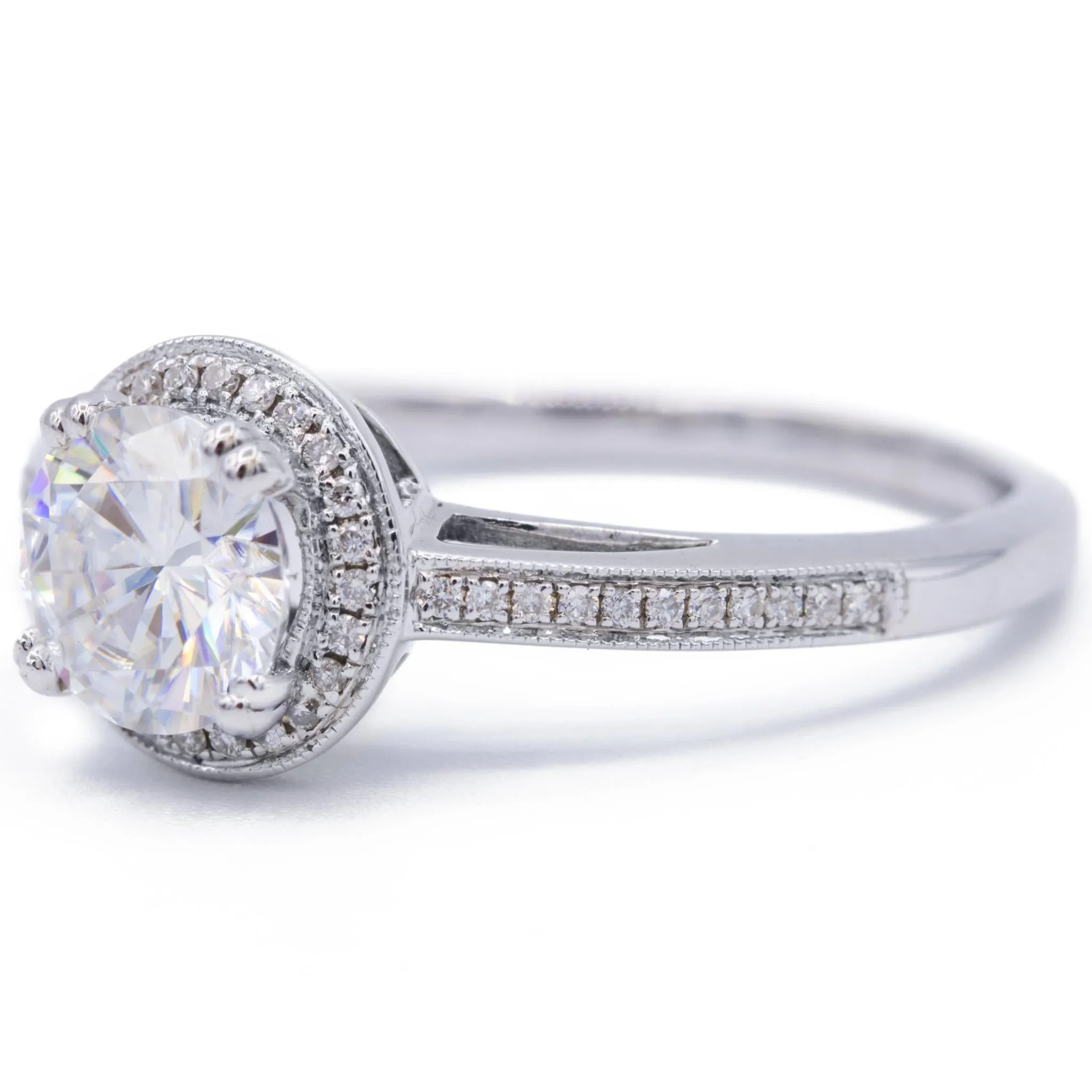 8mm Round Center and Diamond Pave and Shoulder 18K White Gold Ring